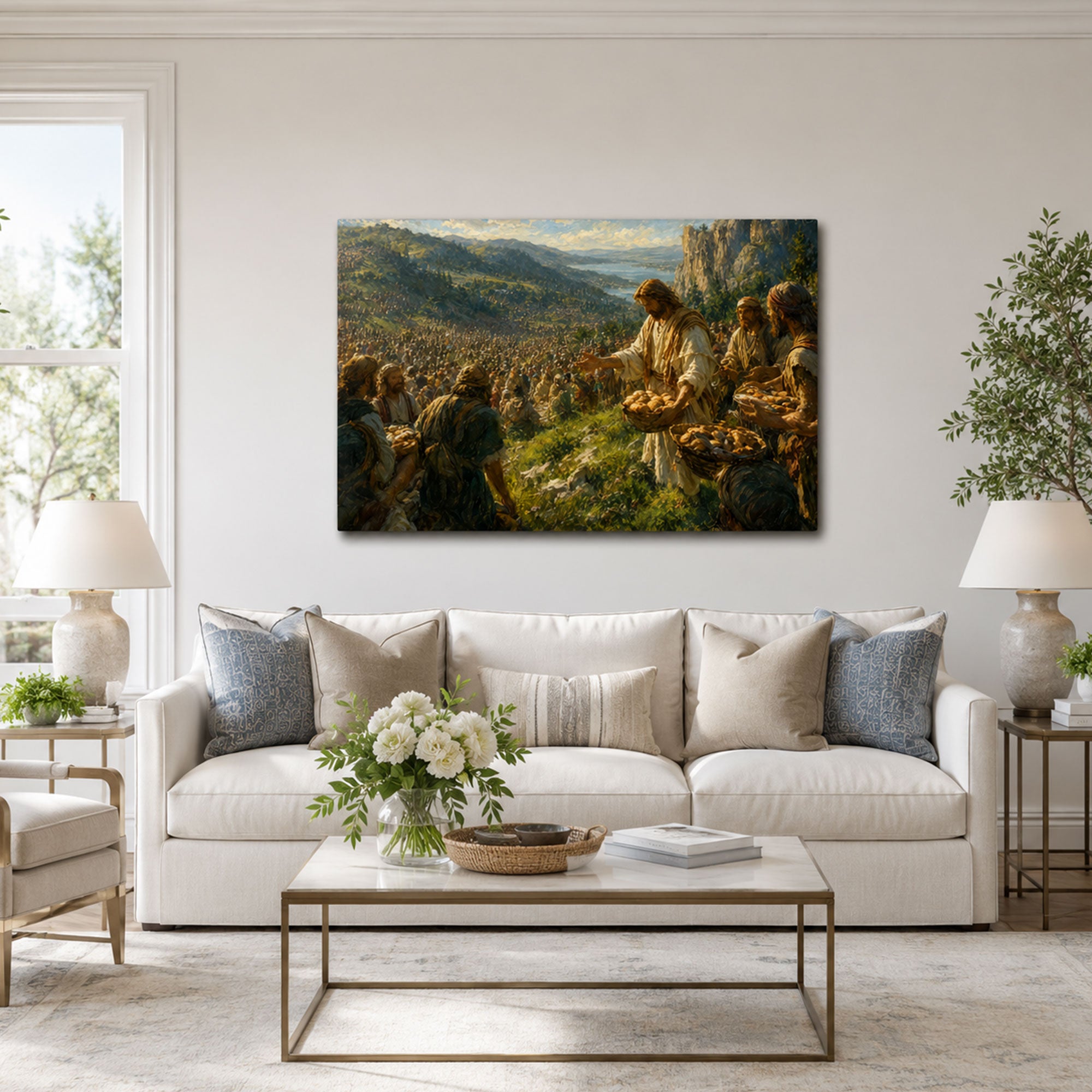 Jesus Feeding the Five Thousand Canvas Print, Loaves and Fishes Miracle Christian Wall Decor, Faith Gift