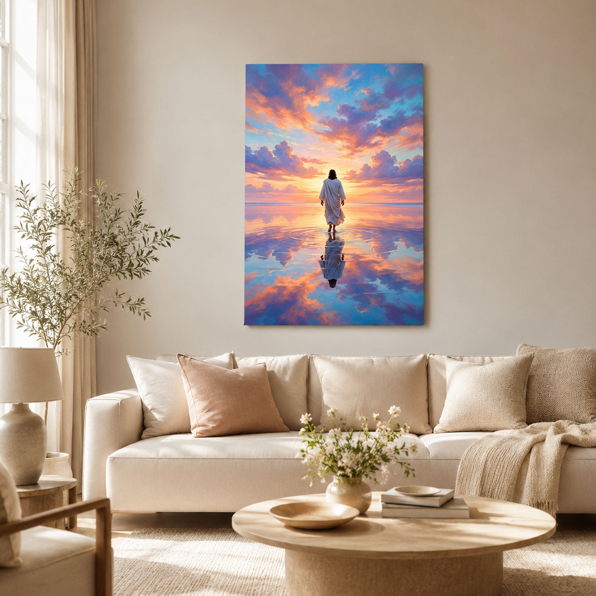 Jesus Light Over the Sea Canvas Print, Christian Ocean Miracle Wall Art, Heavenly Glow Faith Decor