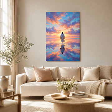 Jesus Light Over the Sea Canvas Print, Christian Ocean Miracle Wall Art, Heavenly Glow Faith Decor