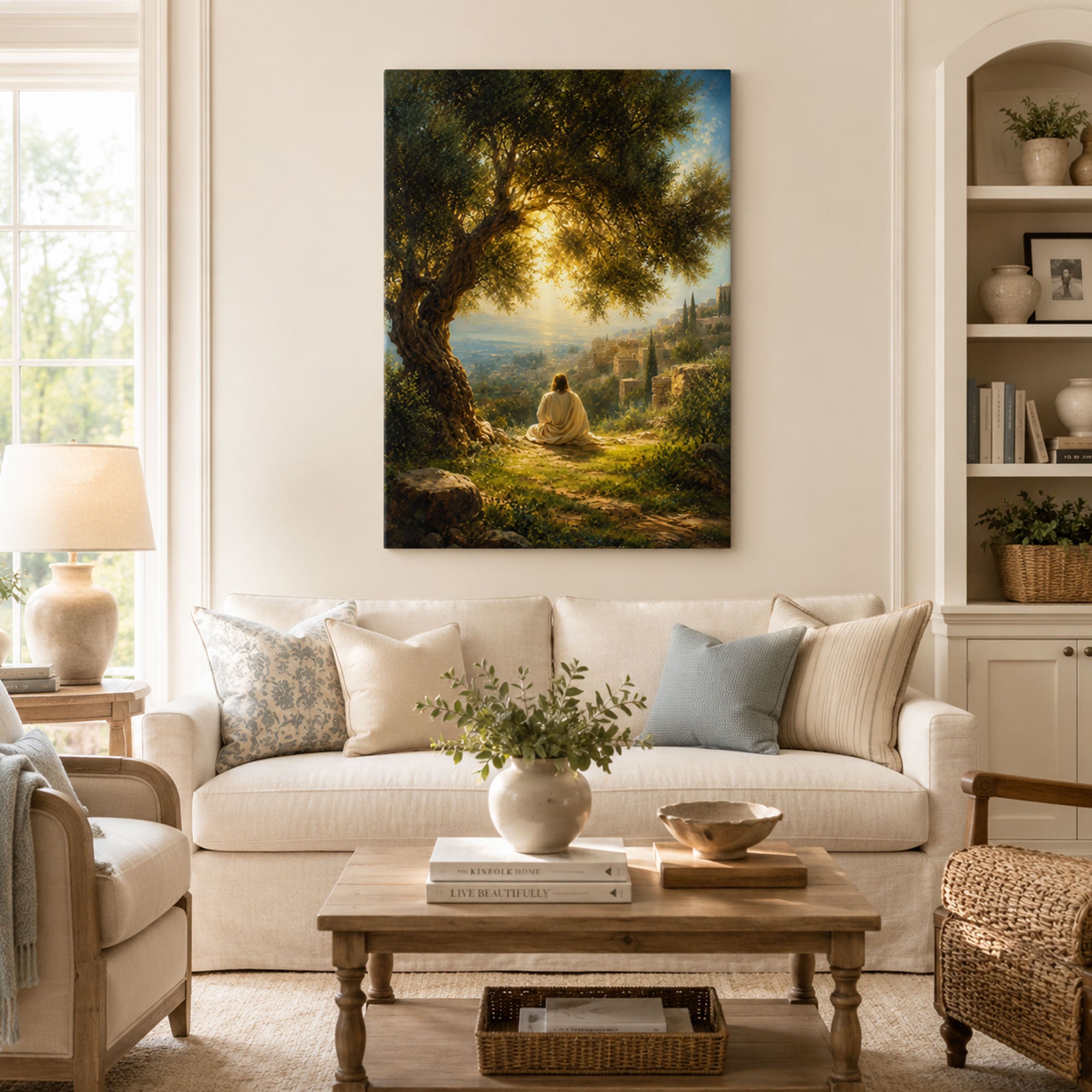 Jesus Under the Olive Tree Canvas Print, Peaceful Christian Wall Art, Golden Light Faith Home Decor Gift