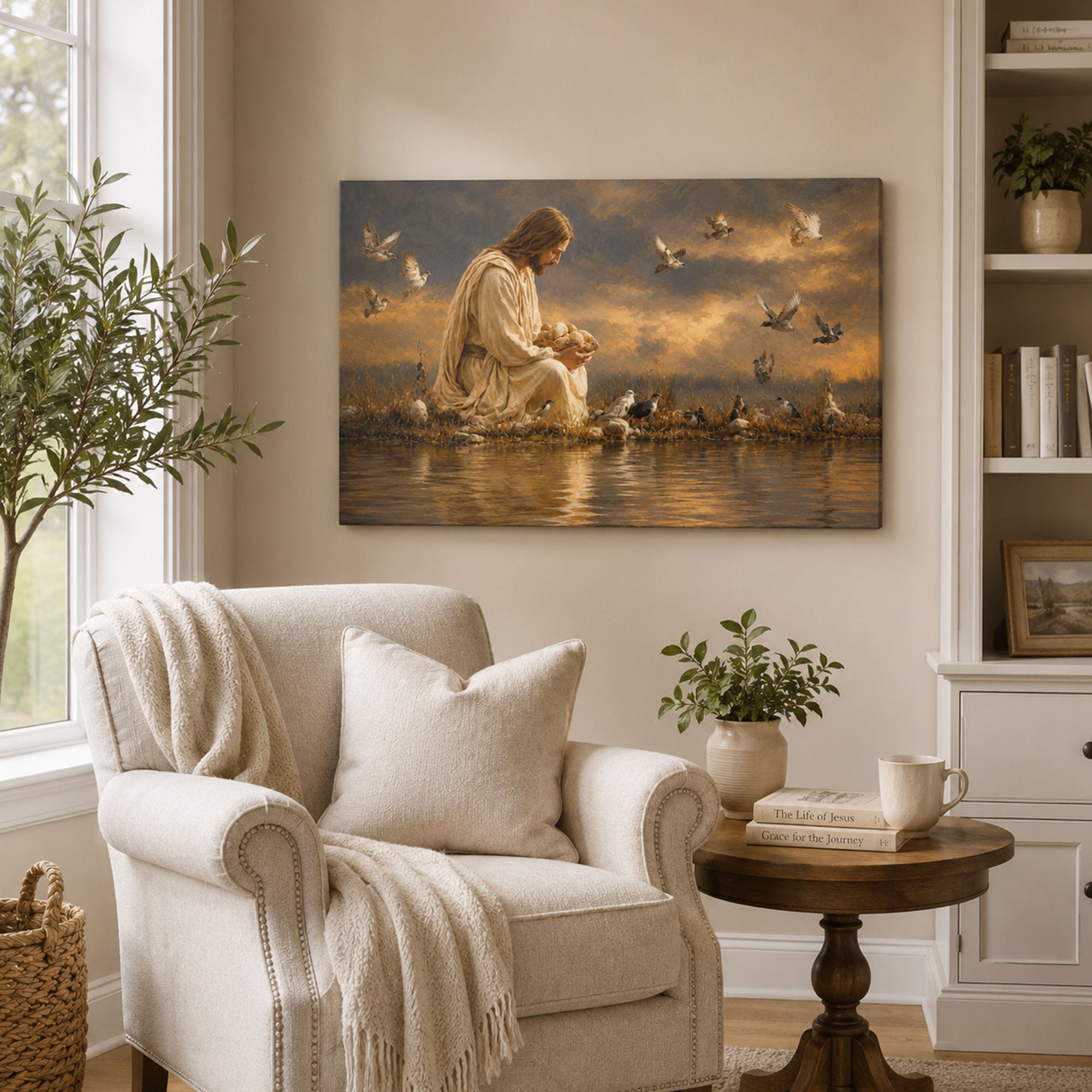 Jesus Caring for the Birds Canvas Print, Peaceful Christian Nature Decor