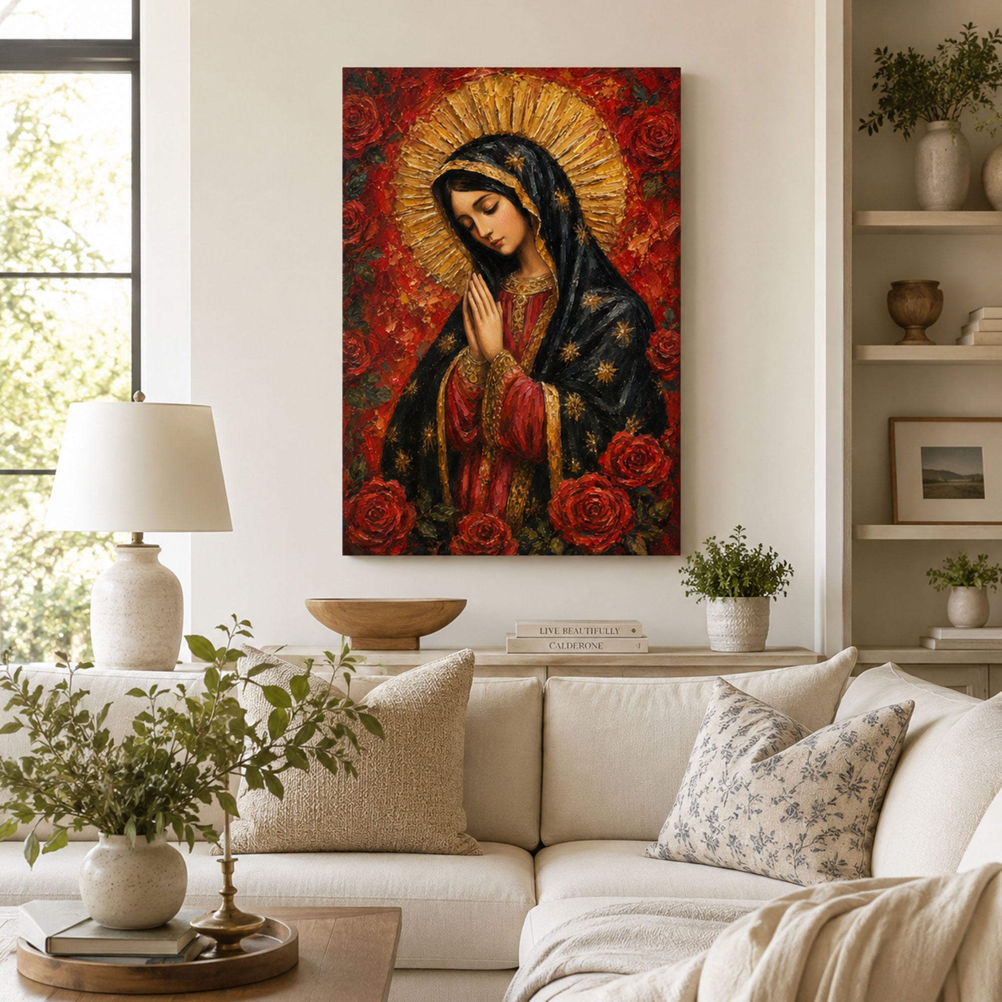 Our Lady of Guadalupe with Roses Canvas Print, Virgin Mary Catholic Wall Decor, Marian Faith Gift