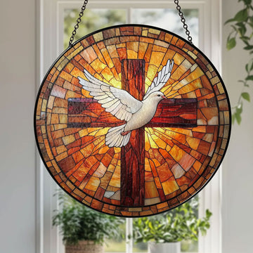 Holy Spirit Cross and Dove Stained Glass Suncatcher, Christian Window Hanging Decor, Religious Faith Gift