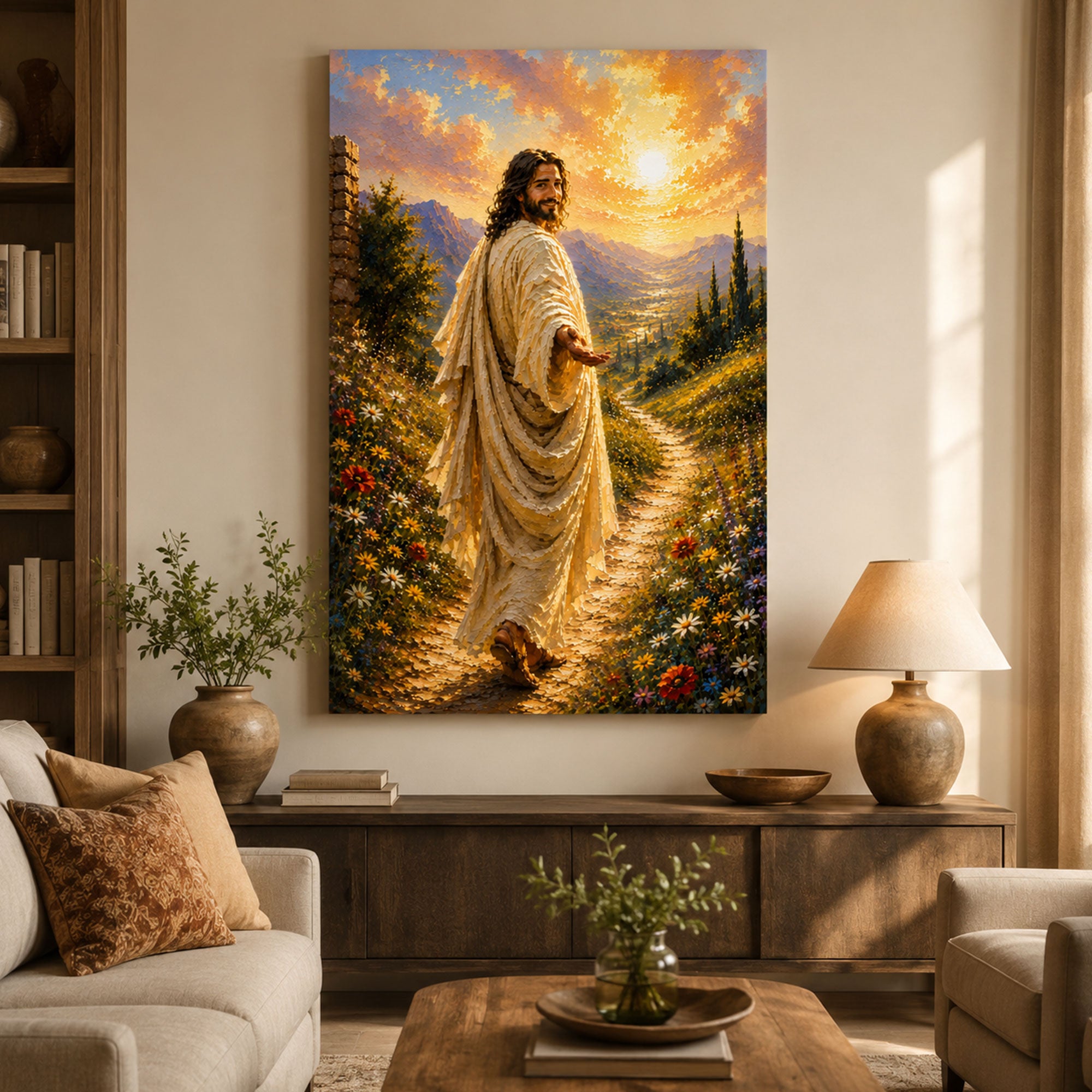 Jesus Reaching Out Canvas Print, Follow Me Christian Wall Art, Floral Path Faith Home Decor