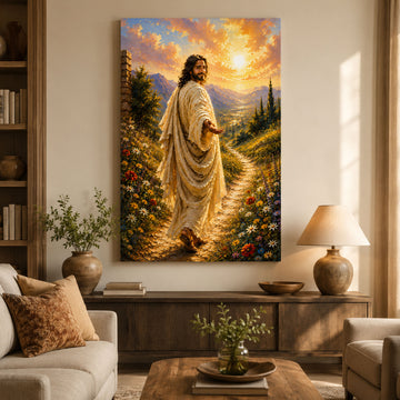 Jesus Reaching Out Canvas Print, Follow Me Christian Wall Art, Floral Path Faith Home Decor