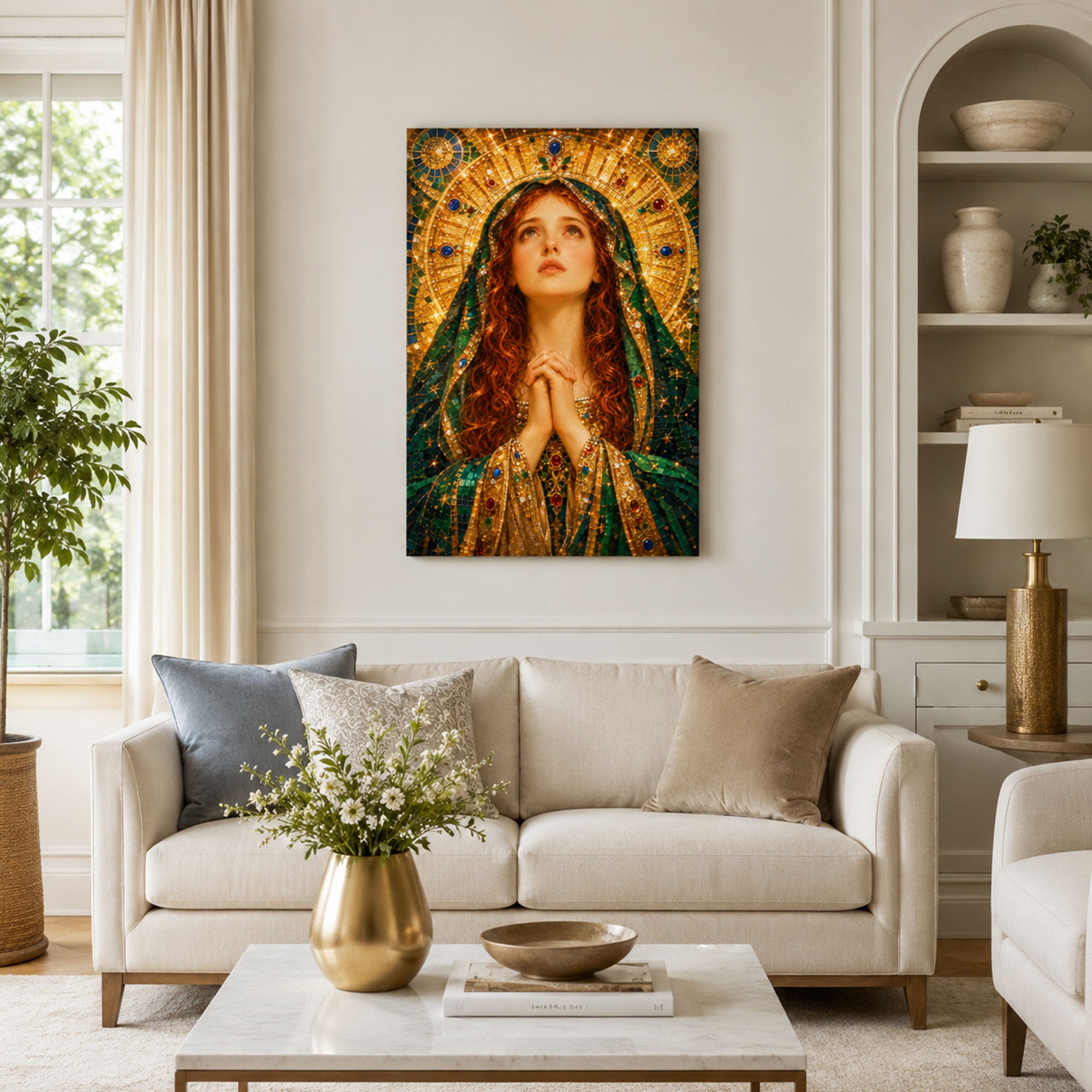 Saint Mary Magdalene Radiant Prayer Canvas Print, Emerald and Gold Sacred Decor