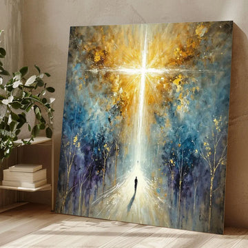 Radiant Cross Light Canvas Print, Spiritual Abstract Wall Art, Christian Inspirational Decor, Faith Journey Artwork