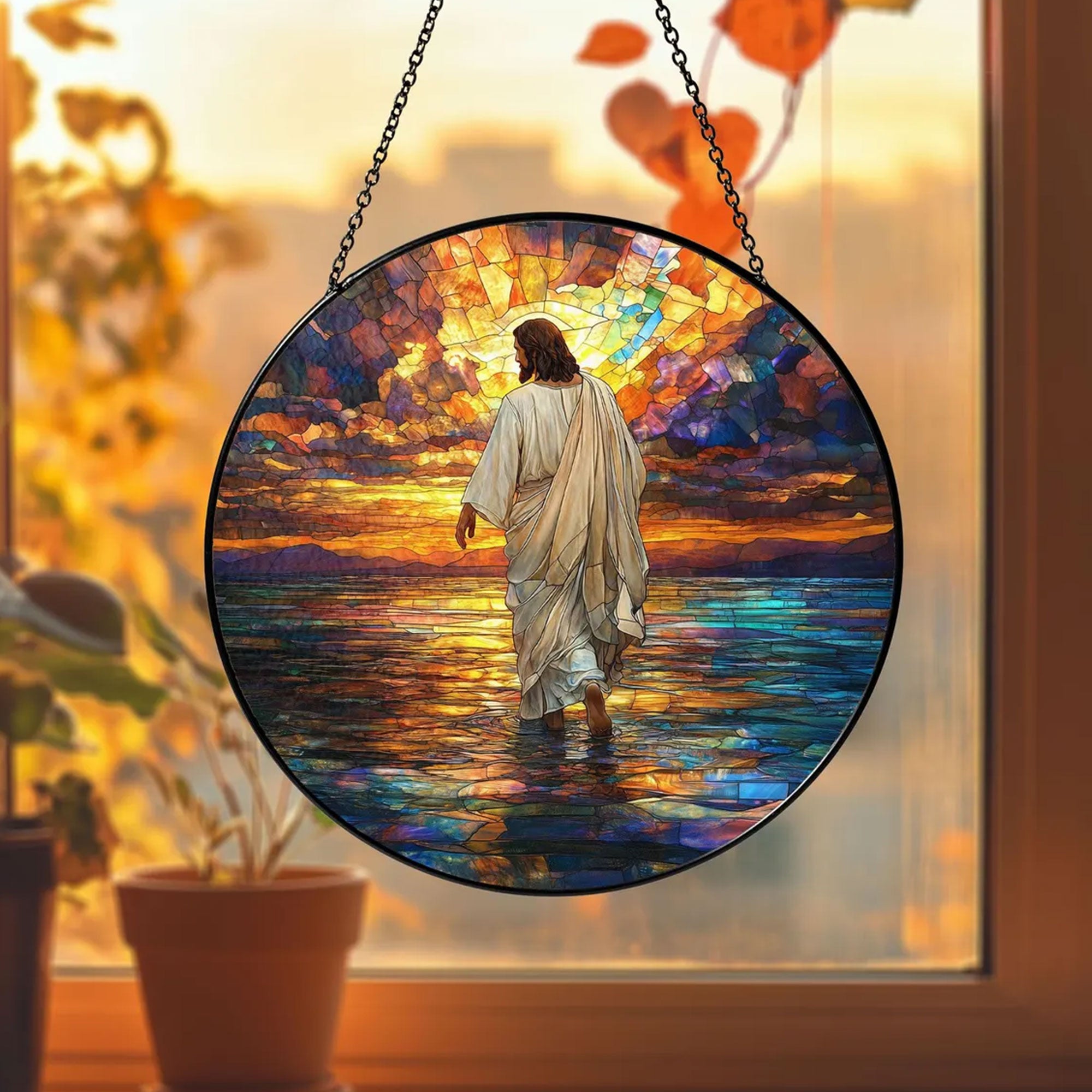 Jesus Christ Stained Glass Suncatcher, Christian Window Hanging Decor, Religious Faith Gift, Spiritual Home Ornament