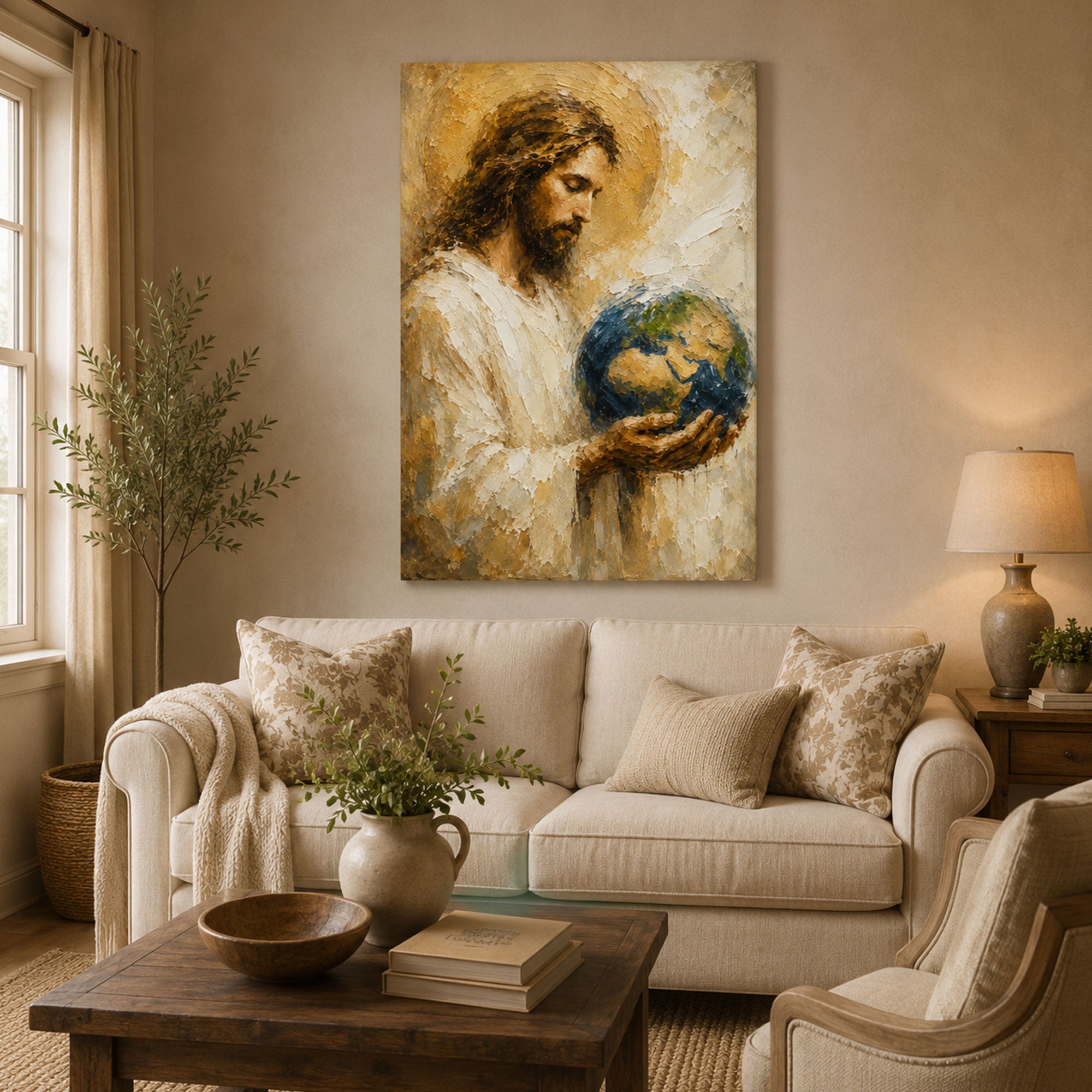 Jesus Holding the World Canvas Print, Christian Wall Art, Faith Home Decor