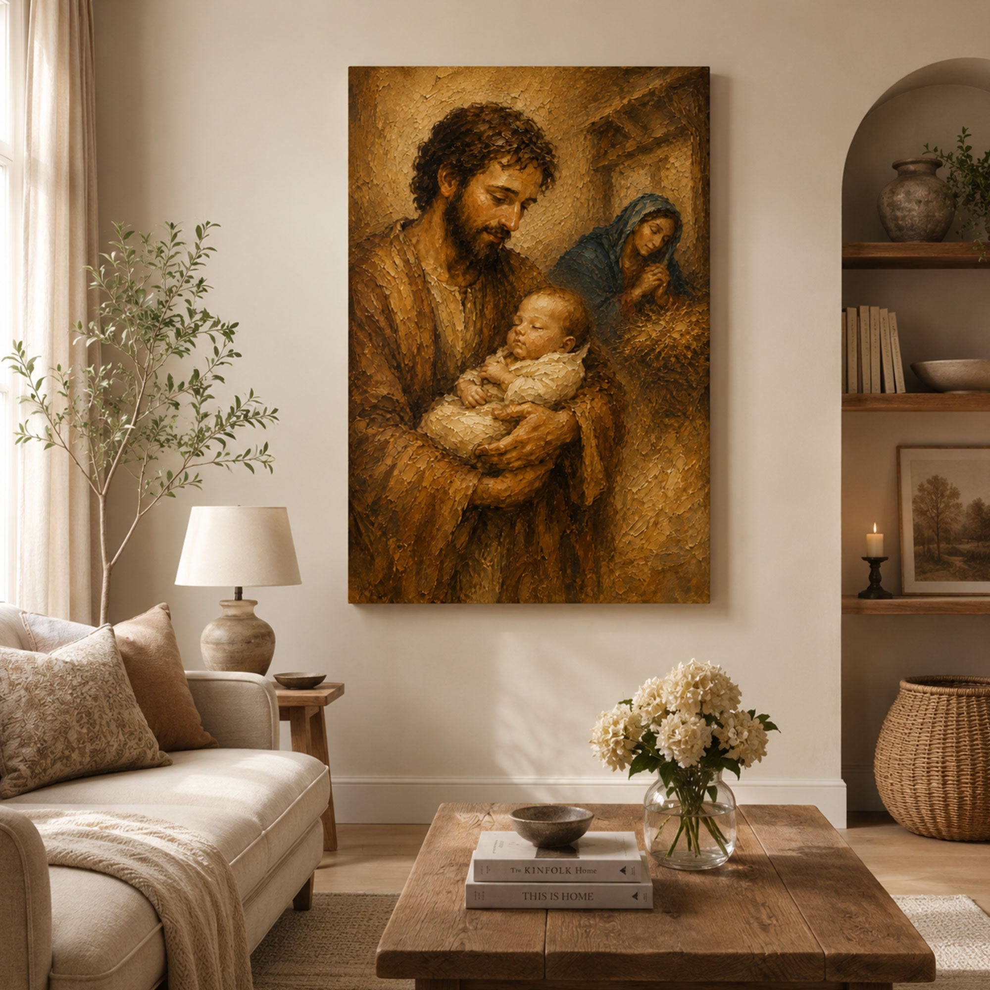 St. Joseph Holding Sleeping Baby Jesus Canvas Print, Holy Family Catholic Wall Art, Christian Family Home Decor