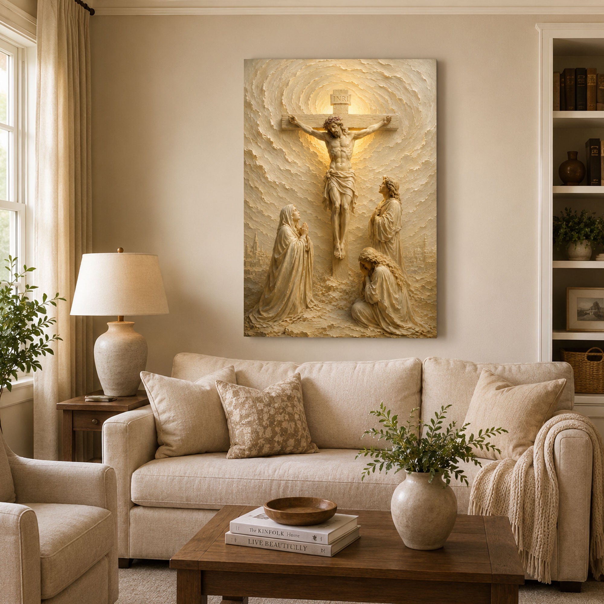 Crucifixion of Jesus Canvas Print, White Gold Catholic Wall Art, Passion of Christ Home Decor Gift