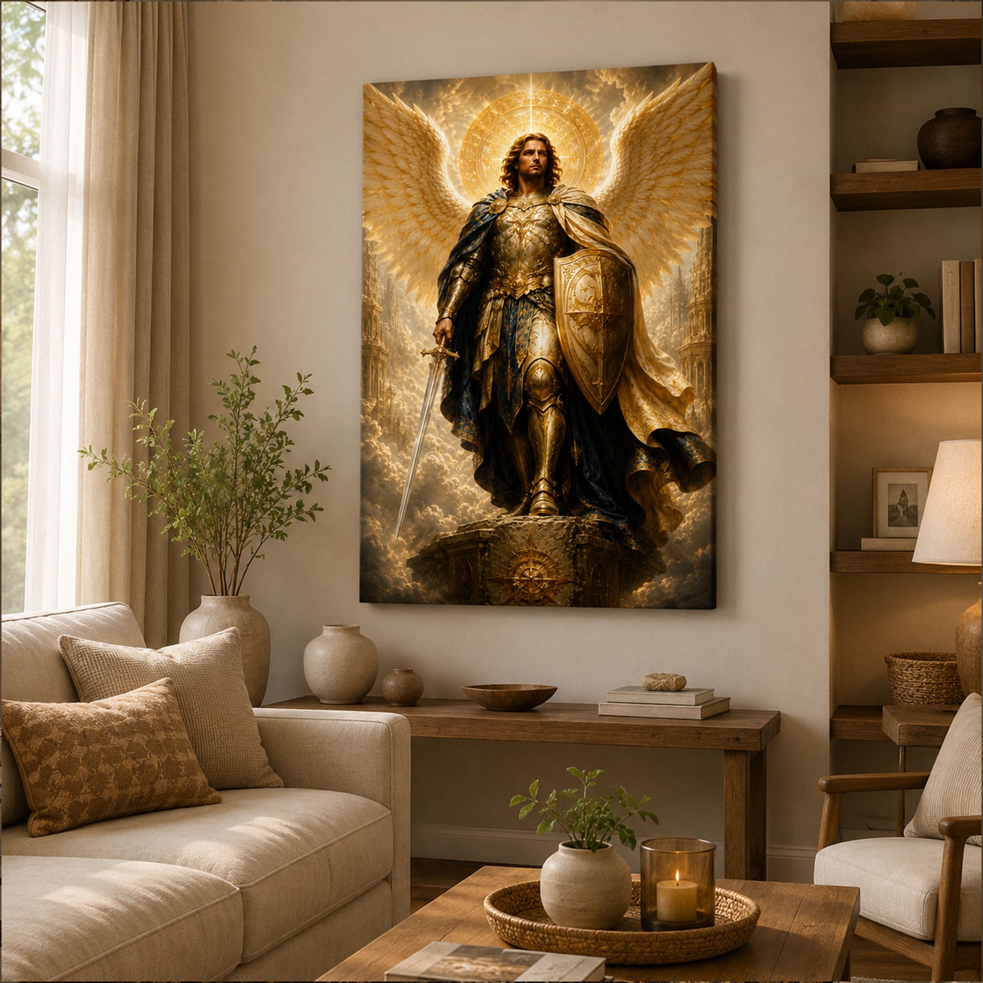 Saint Michael with Sword and Shield Canvas Print, Catholic Archangel Wall Art, Faith Home Decor Gift