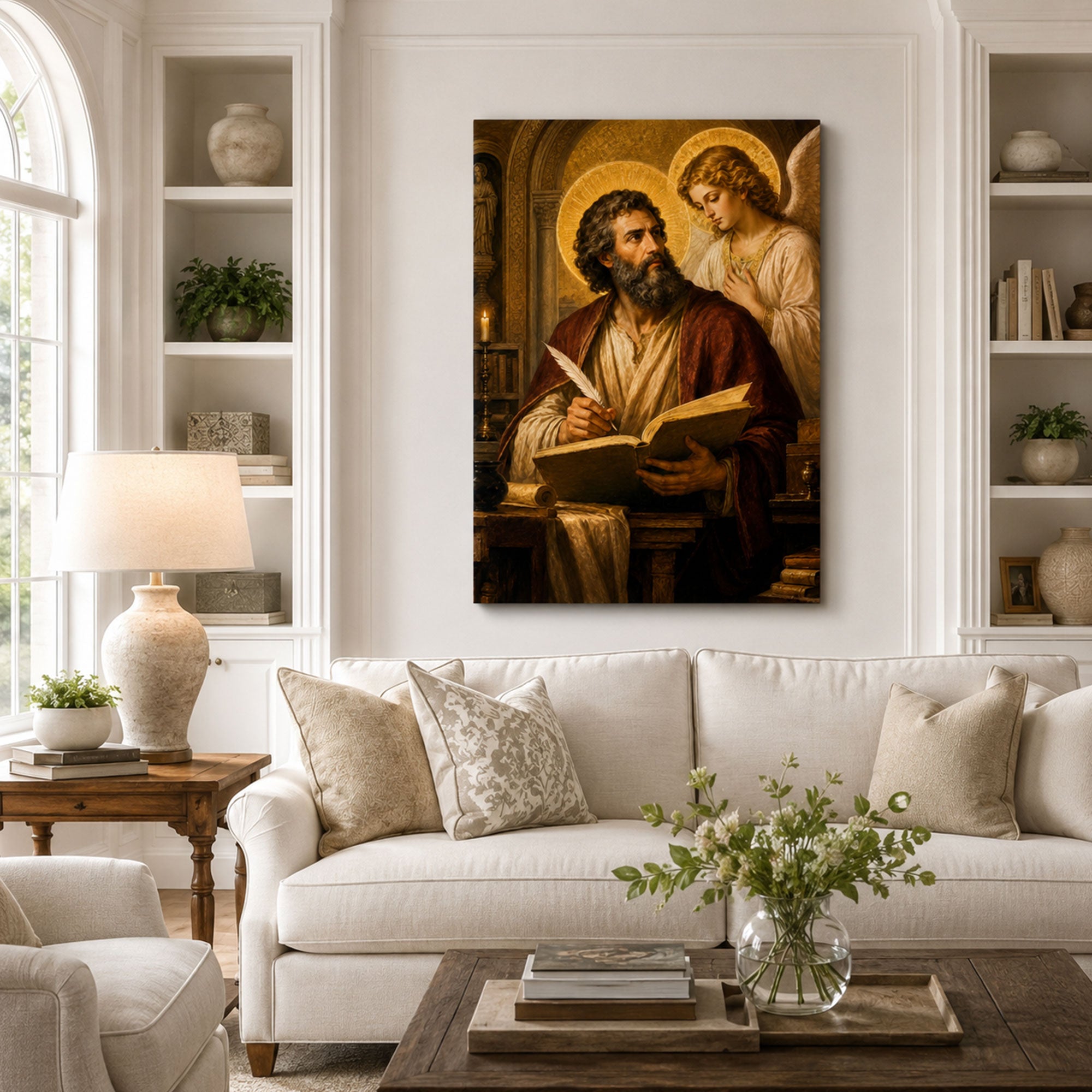 Saint Matthew with Angel Canvas Print, Catholic Gospel Art