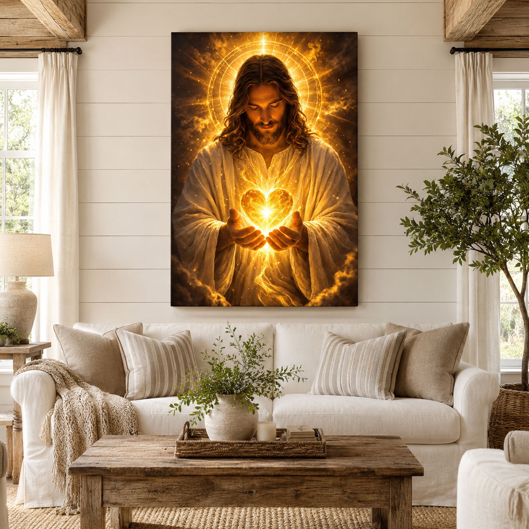 Sacred Heart of Jesus Golden Light Canvas Print Christian Wall Art Faith Inspired Home Decor