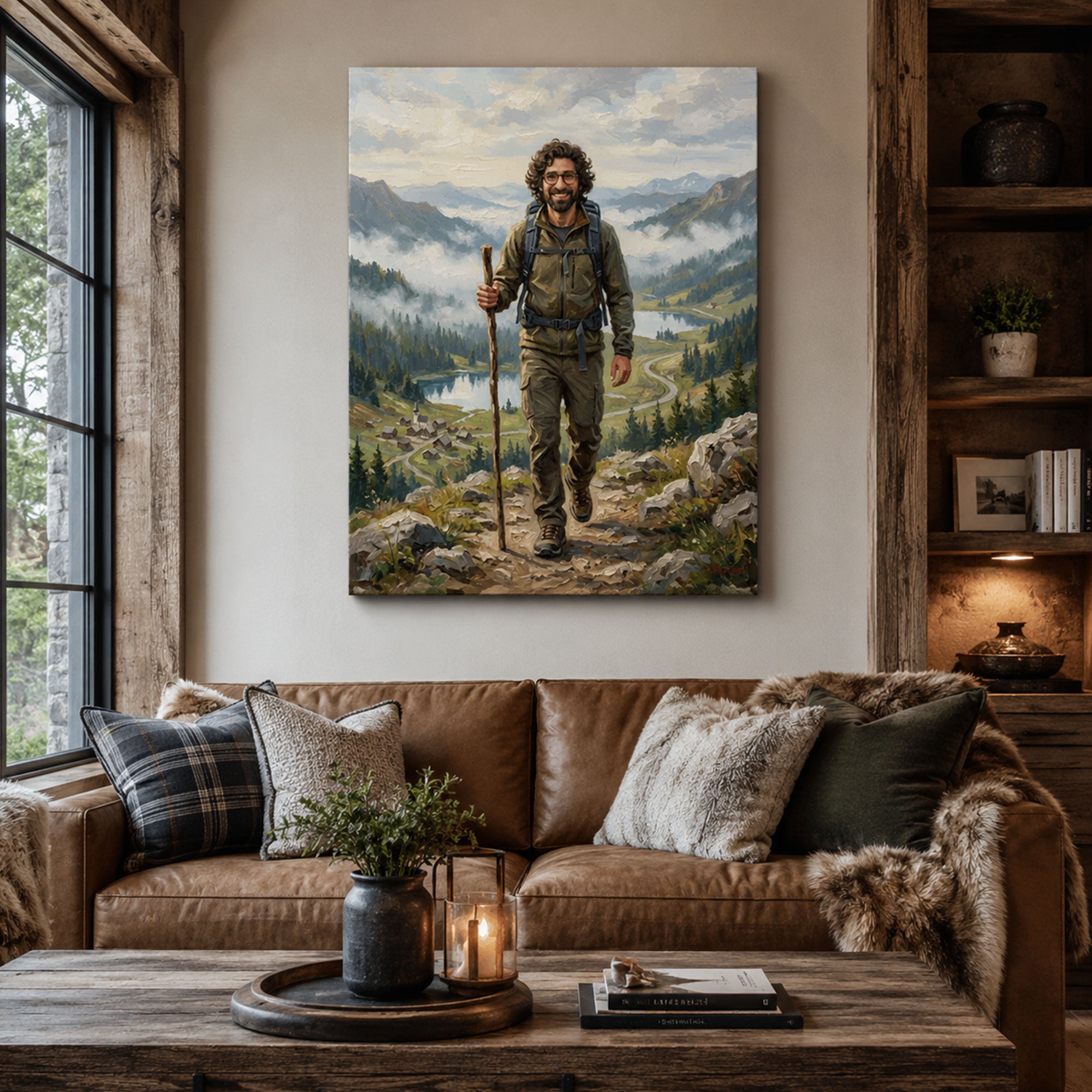 Custom Face For Dad Mountain Explorer Canvas, Personalized Hiking Portrait, Funny Father’s Day Gift