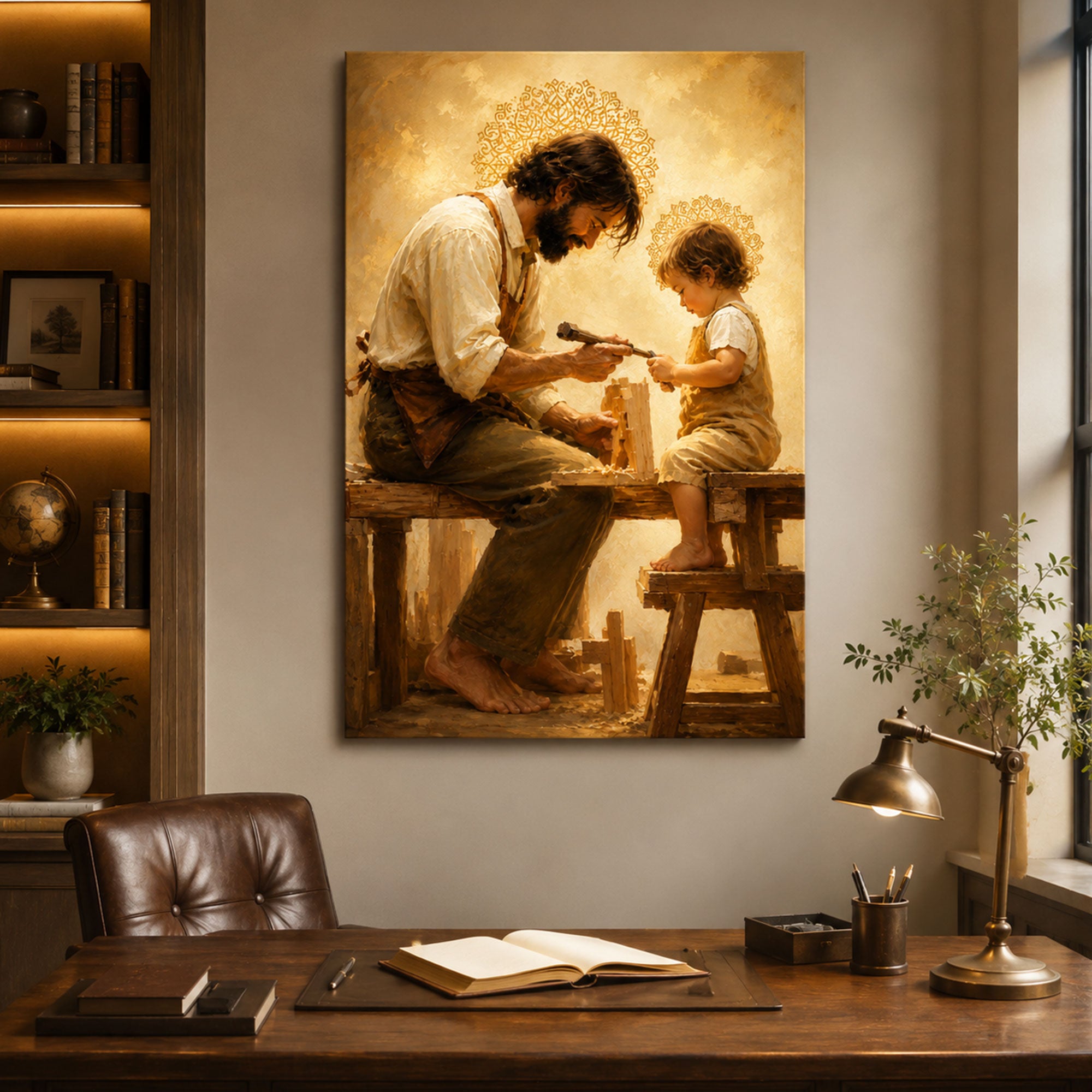 Saint Joseph Teaching Child Jesus Canvas Print, Catholic Wall Art, Fatherly Love Home Decor