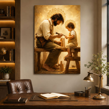 Saint Joseph Teaching Child Jesus Canvas Print, Catholic Wall Art, Fatherly Love Home Decor