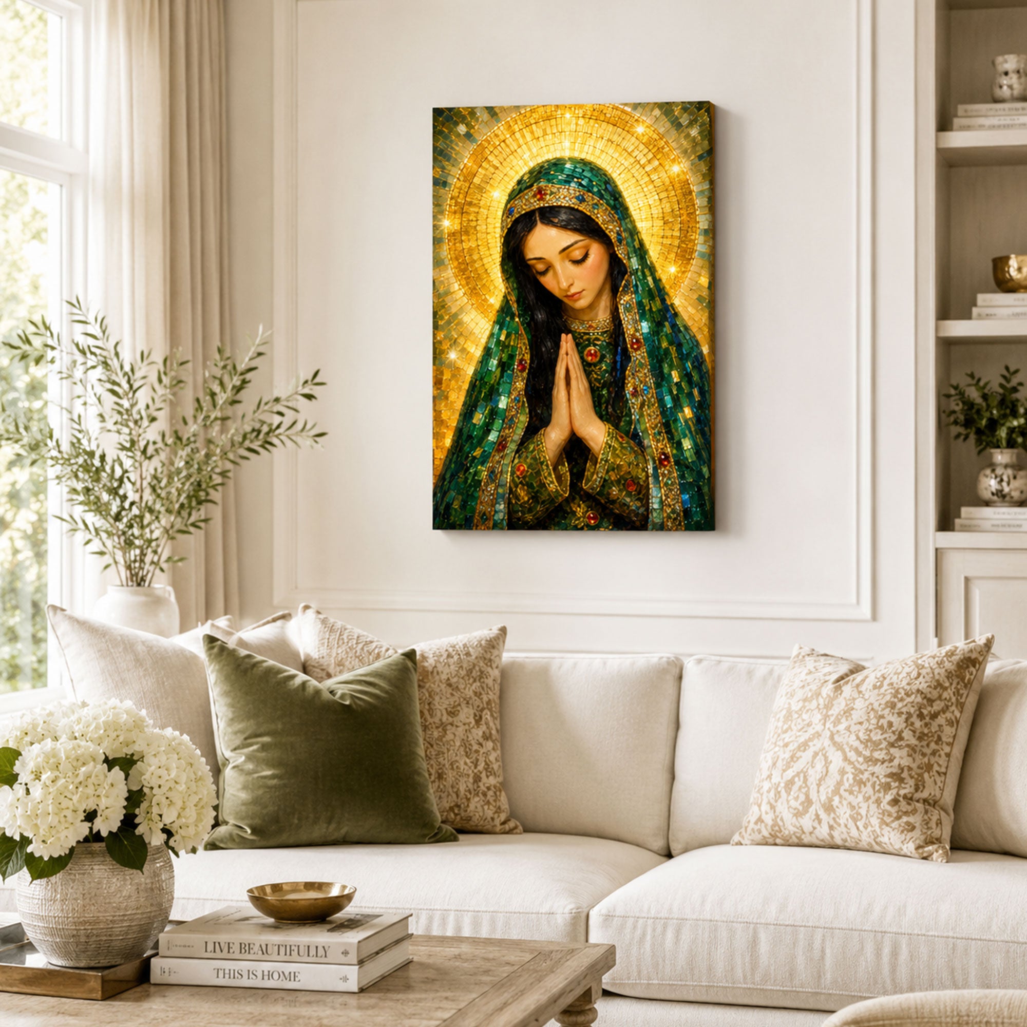 Our Lady of Emerald Grace Canvas Print, Mosaic Catholic Decor