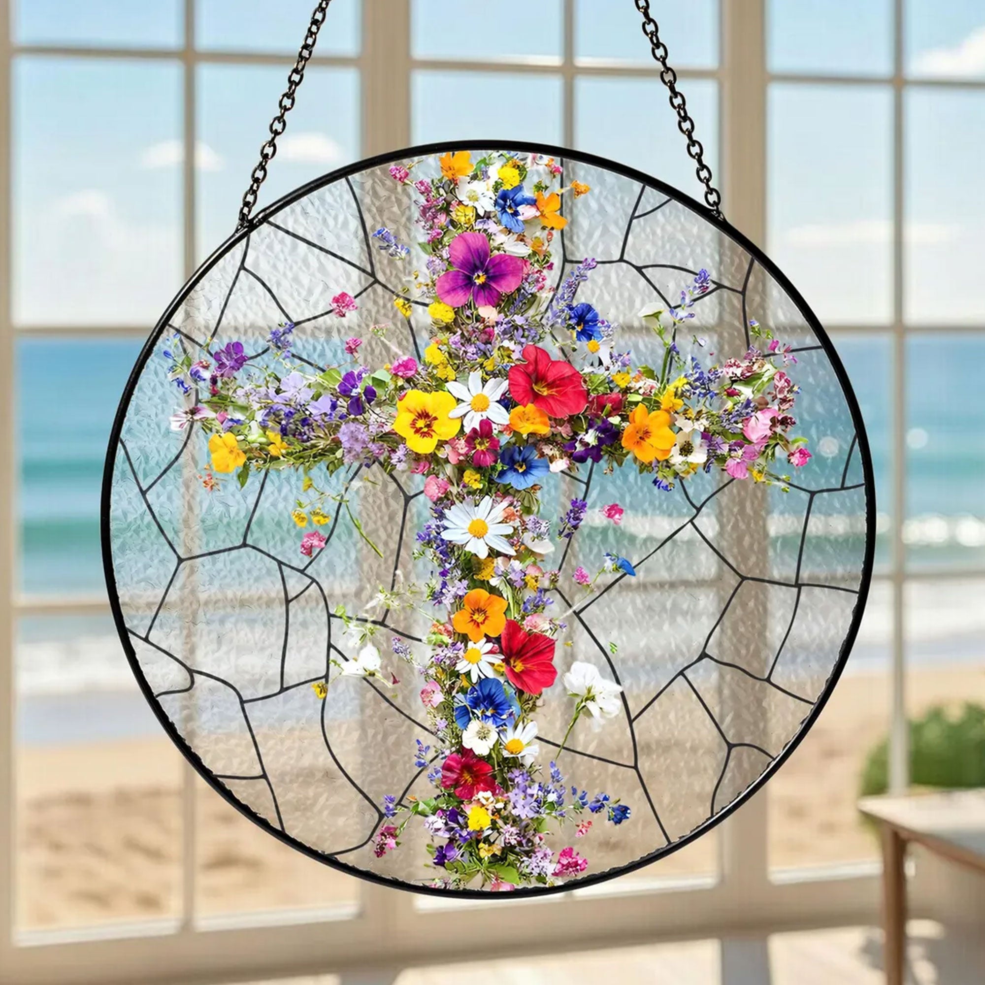 Christian Cross Wildflower Stained Glass Suncatcher, Floral Window Hanging, Easter Decor Gift