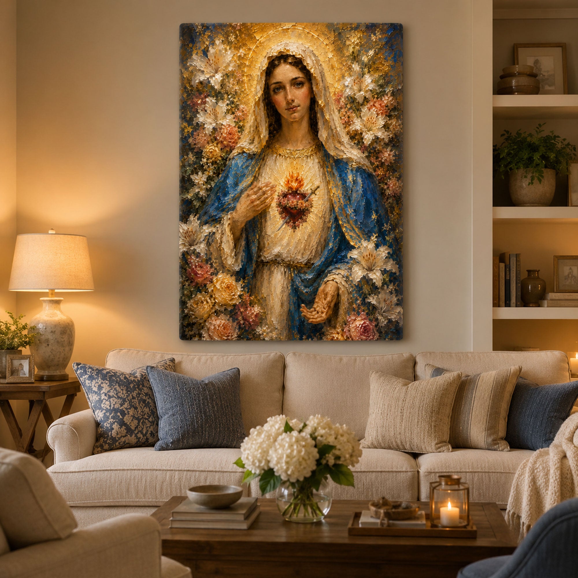 Immaculate Heart of Mary Canvas Print Catholic Floral Wall Art Virgin Mary Religious Home Decor