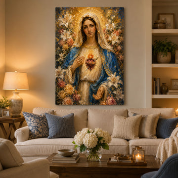 Immaculate Heart of Mary Canvas Print Catholic Floral Wall Art Virgin Mary Religious Home Decor