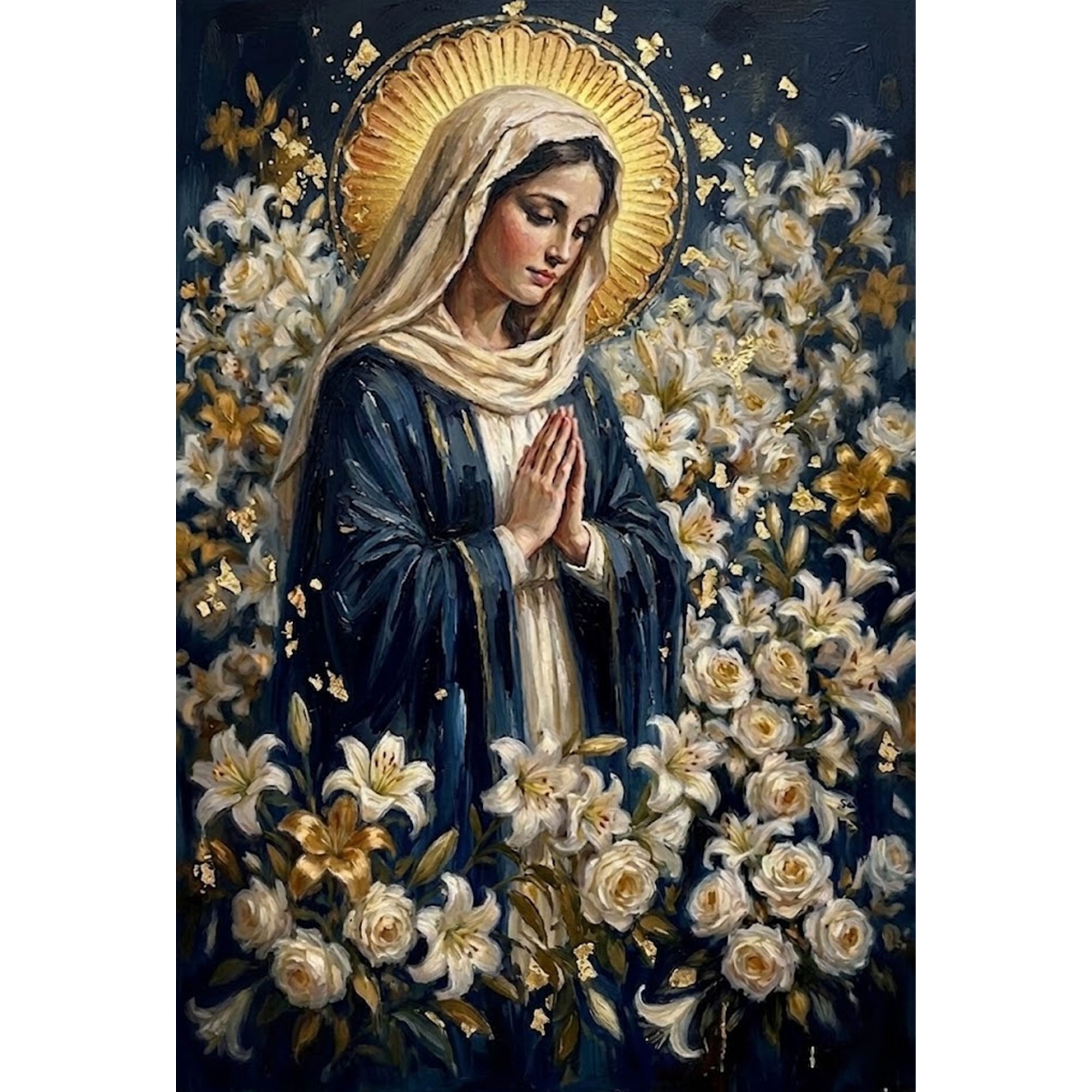 Madonna in Silent Prayer Canvas Print, Sacred Lily Garden Artwork, A Devotional Expression of Grace and Purity