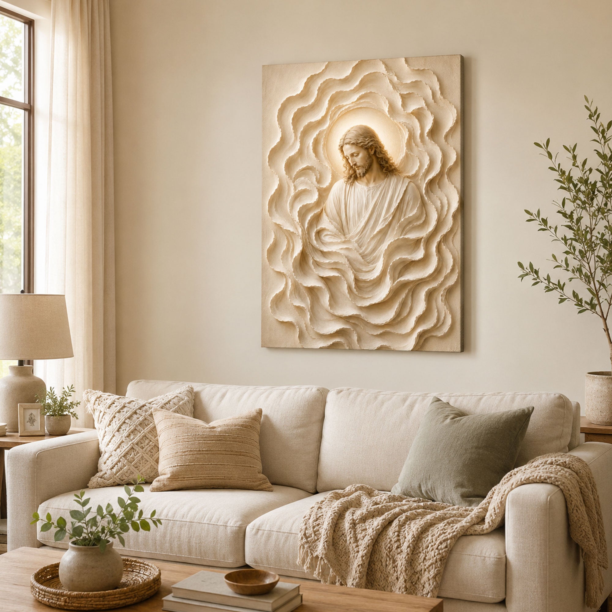 Jesus White Rose Canvas Print, Neutral Christian Floral Wall Art, Faith Home Decor Gift