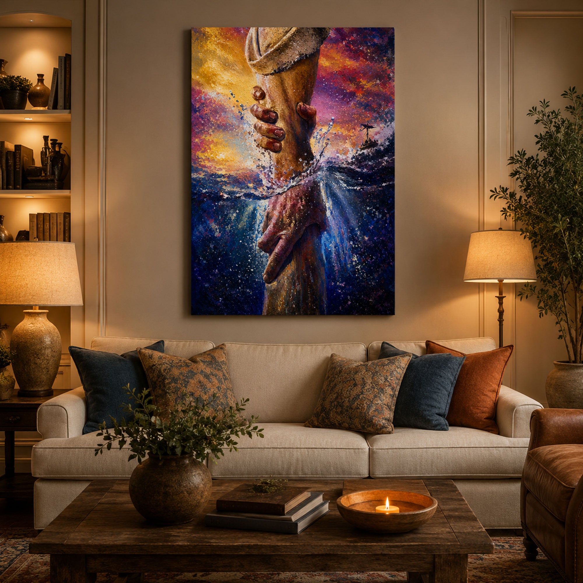 Jesus Saving Peter Canvas Print, Stormy Sea Christian Wall Art, Faith Over Fear Home Decor