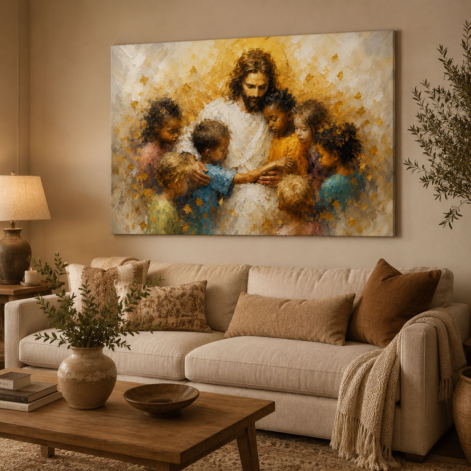 Jesus with Children Canvas Print, Christian Kids Wall Art, Faith Home Decor