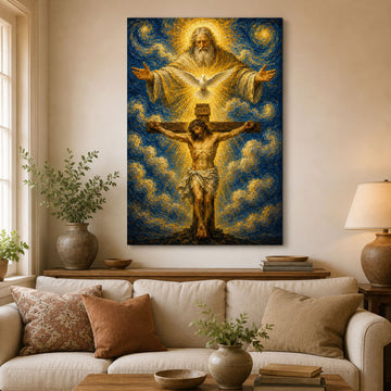 Holy Trinity Crucifixion Canvas Print, God the Father Jesus Cross Holy Spirit Catholic Wall Art