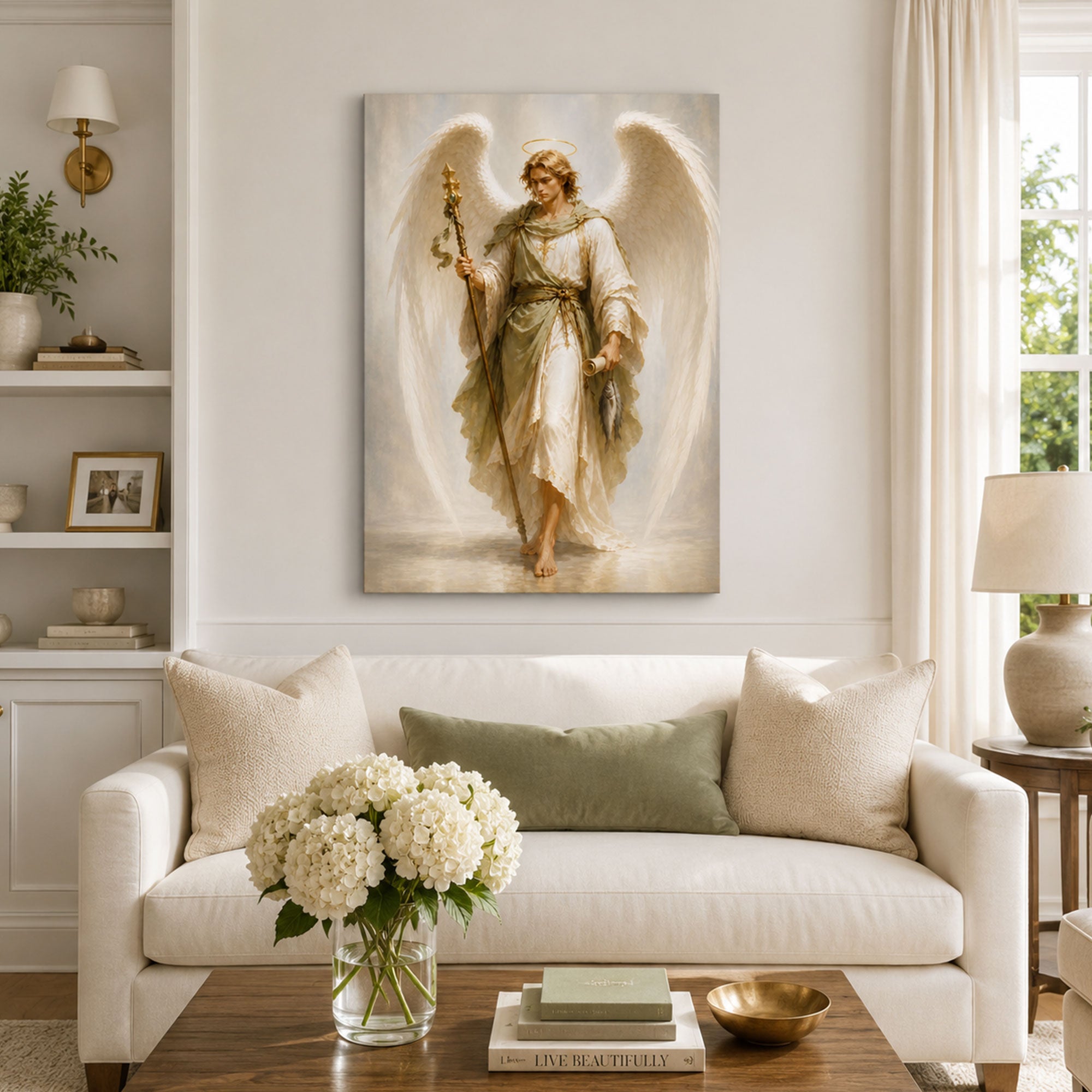 Saint Raphael Archangel Canvas Print, Catholic Healing Angel Wall Art, White and Gold Faith Home Decor Gift