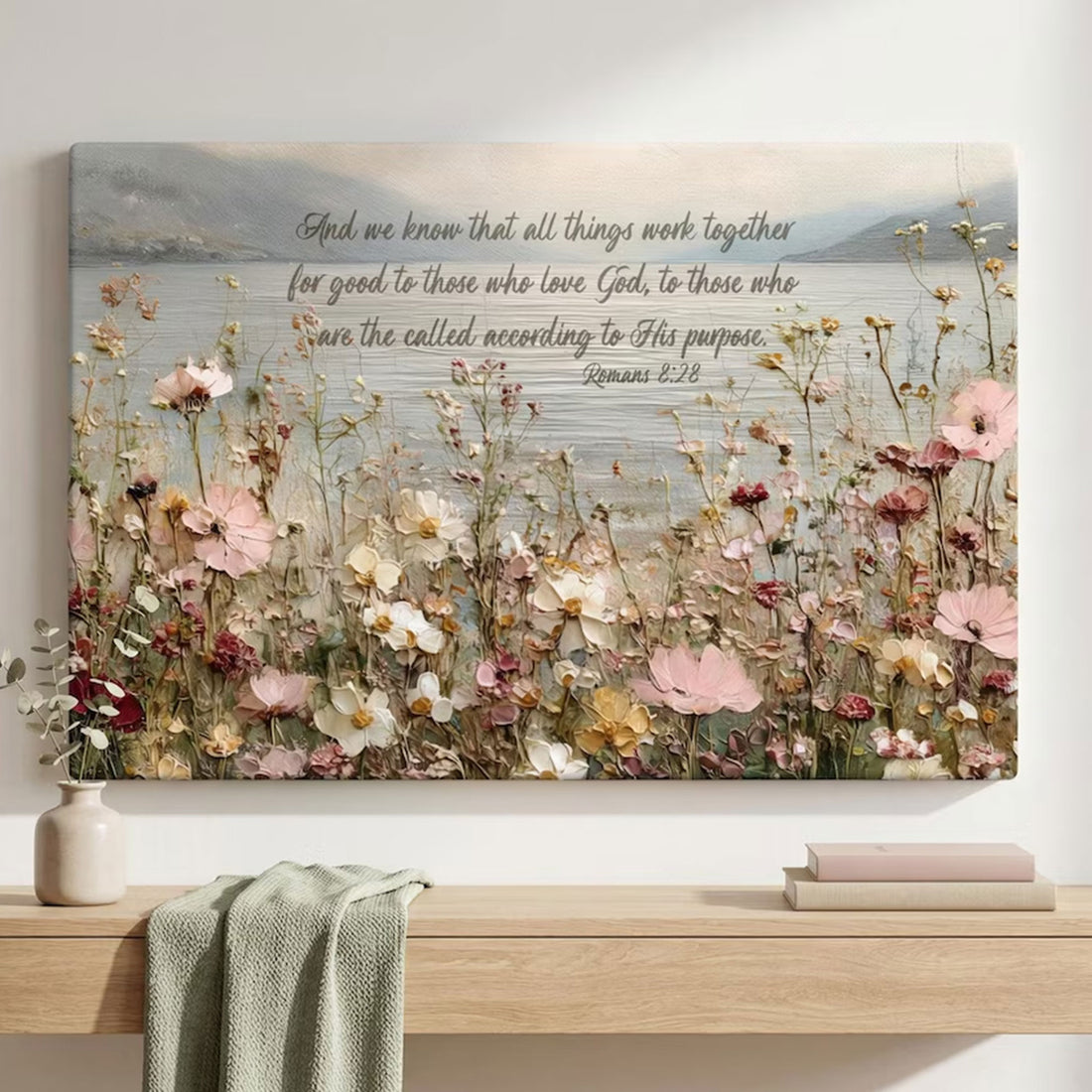 Romans 8:28 All Things Work Together for Good Canvas Print, Vintage Floral Landscape Christian Wall Art, Encouragement Gift