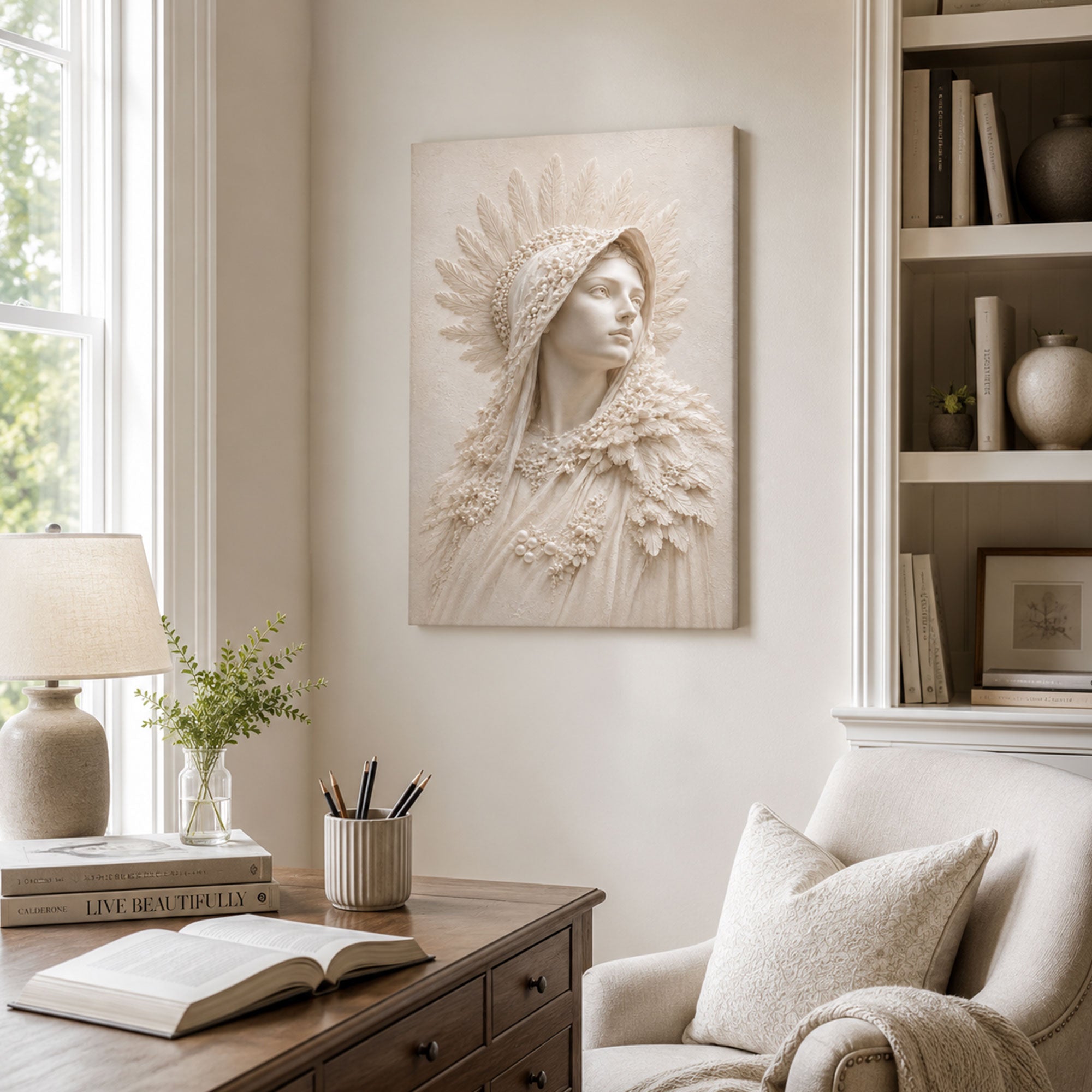 Virgin Mary Ivory Portrait Canvas Print, Catholic Marian Wall Art, Neutral Faith Home Decor Gift