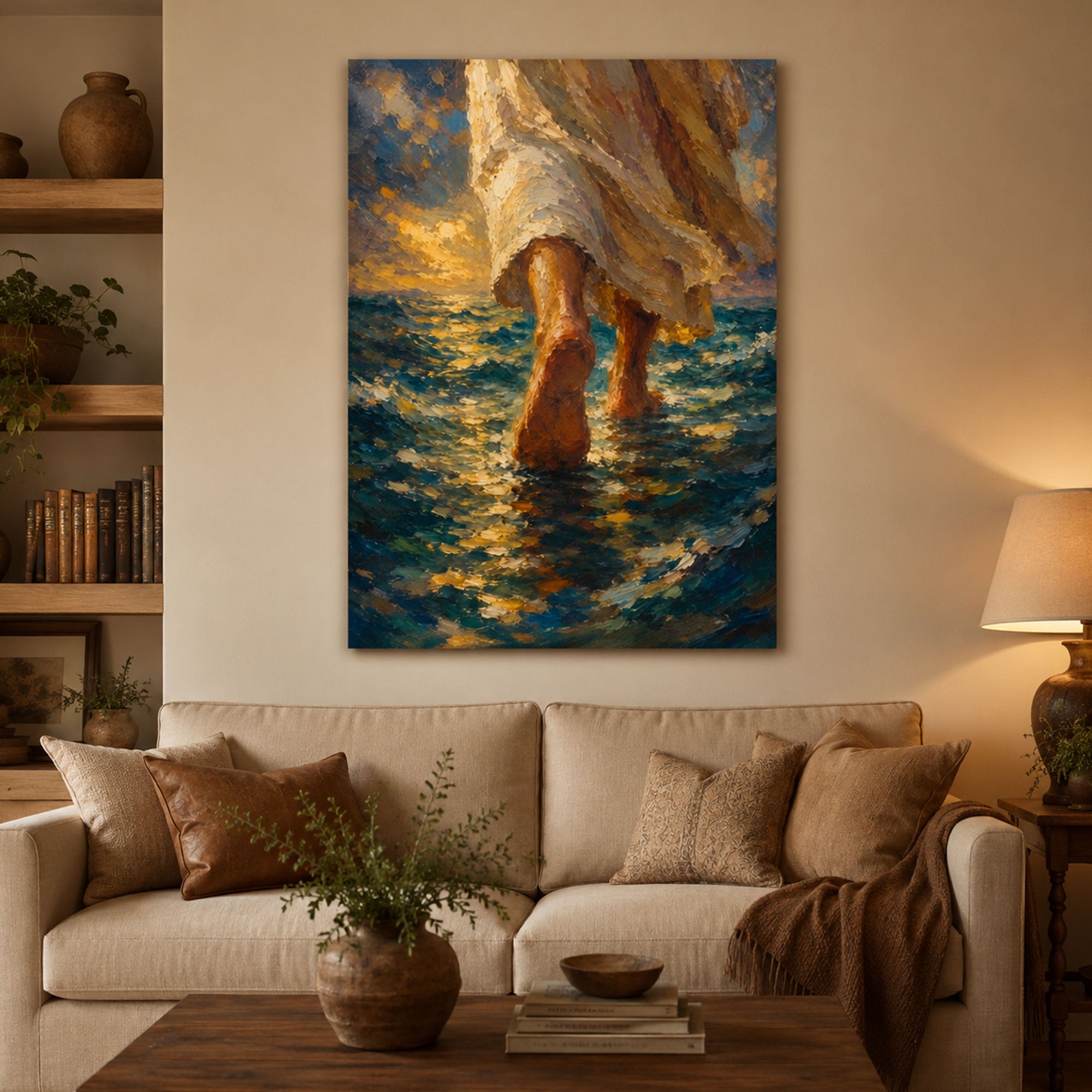 Jesus Walking on Water Canvas Print, Christian Ocean Wall Art, Faith Home Decor