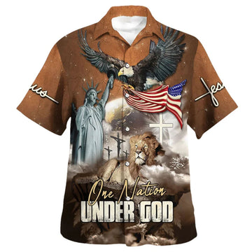Jesus Lion of Judah Hawaiian Shirt, One Nation Under God Christian Aloha Shirt, Patriotic Faith Shirt