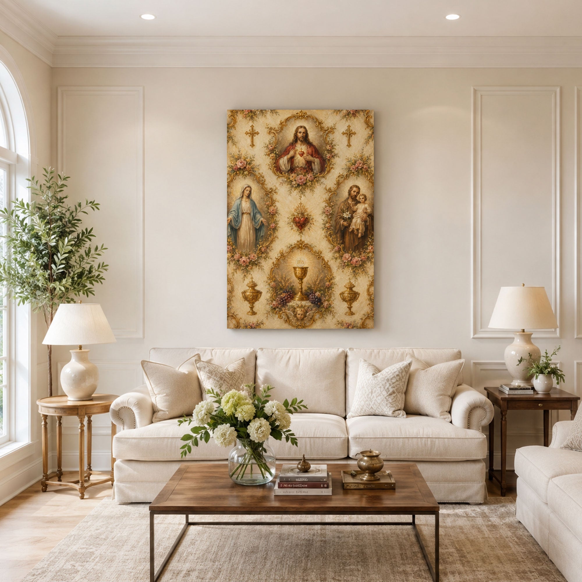 Holy Family & Eucharist Canvas Print, Sacred Heart Jesus, Mary and Saint Joseph Catholic Wall Decor
