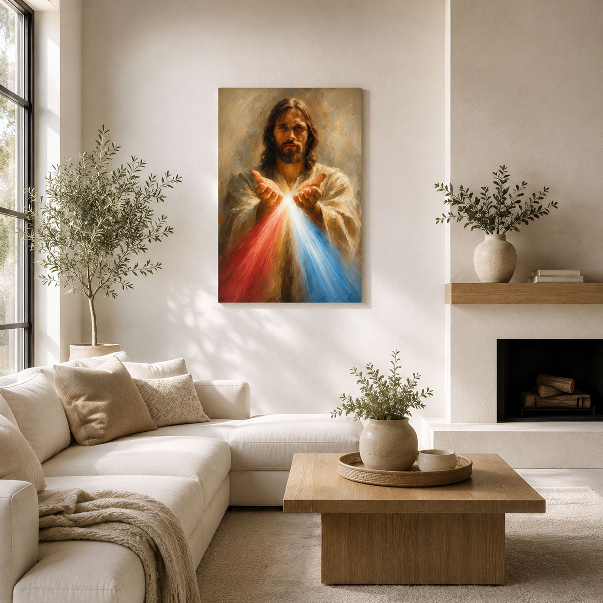 Divine Mercy Jesus Canvas Print, Red and Blue Rays Catholic Wall Decor, Christian Faith Gift
