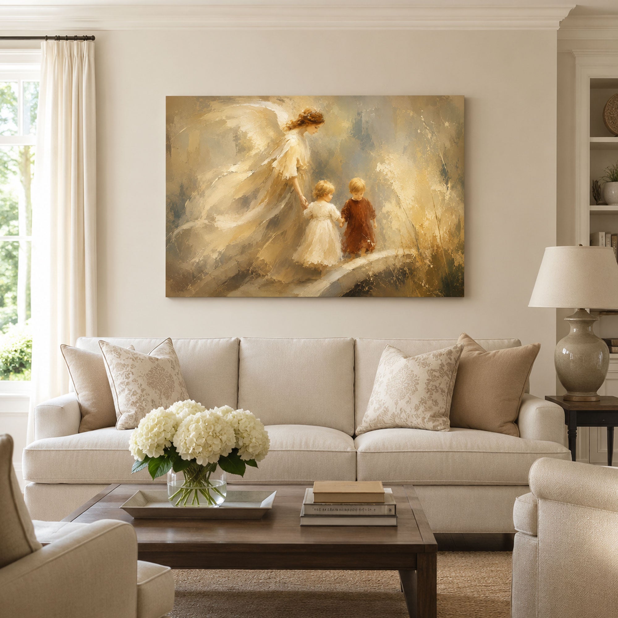Guardian Angel Guiding Two Children Canvas Print, Golden Christian Family Decor
