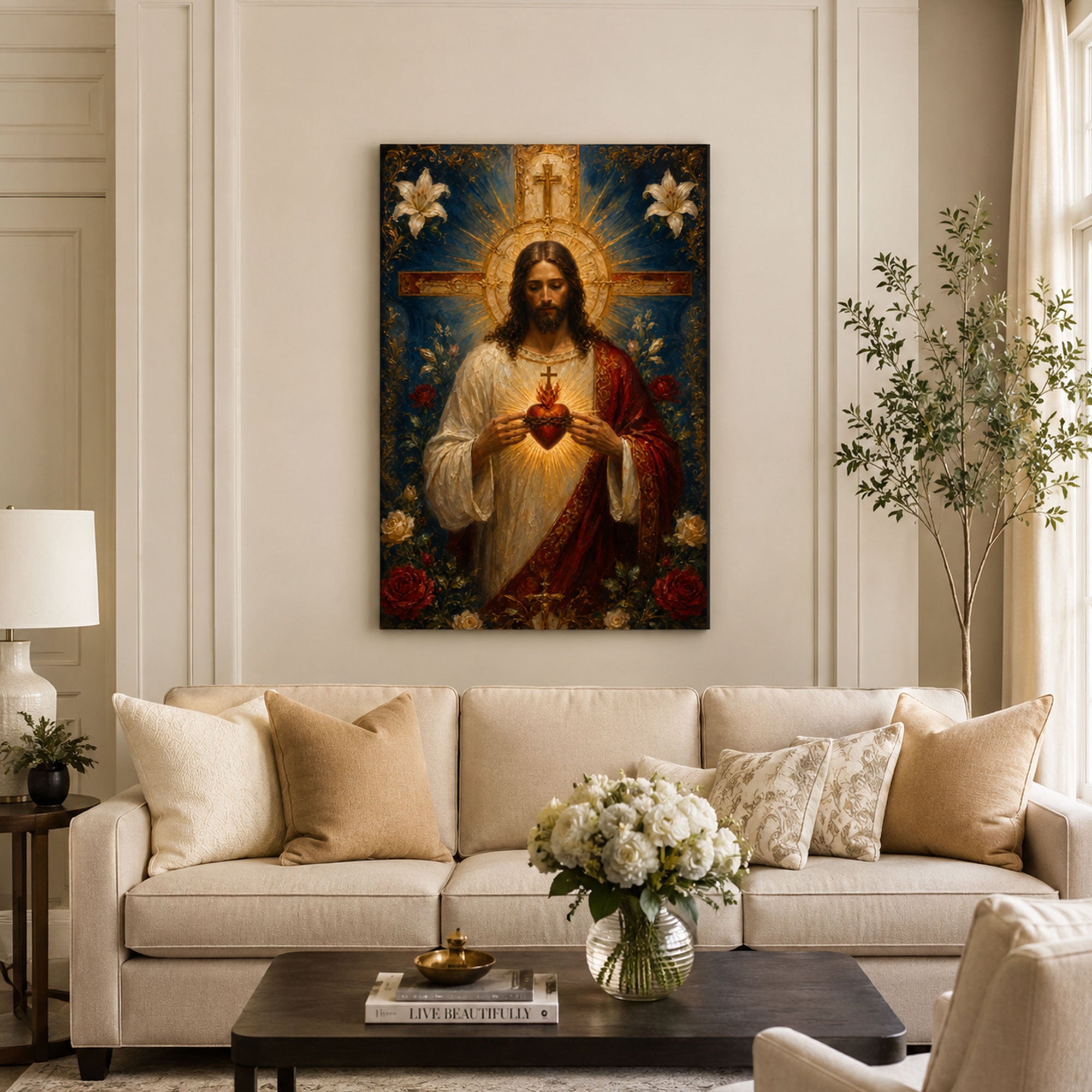 Sacred Heart of Jesus with Cross Canvas Print, Catholic Wall Decor, Christian Faith Gift