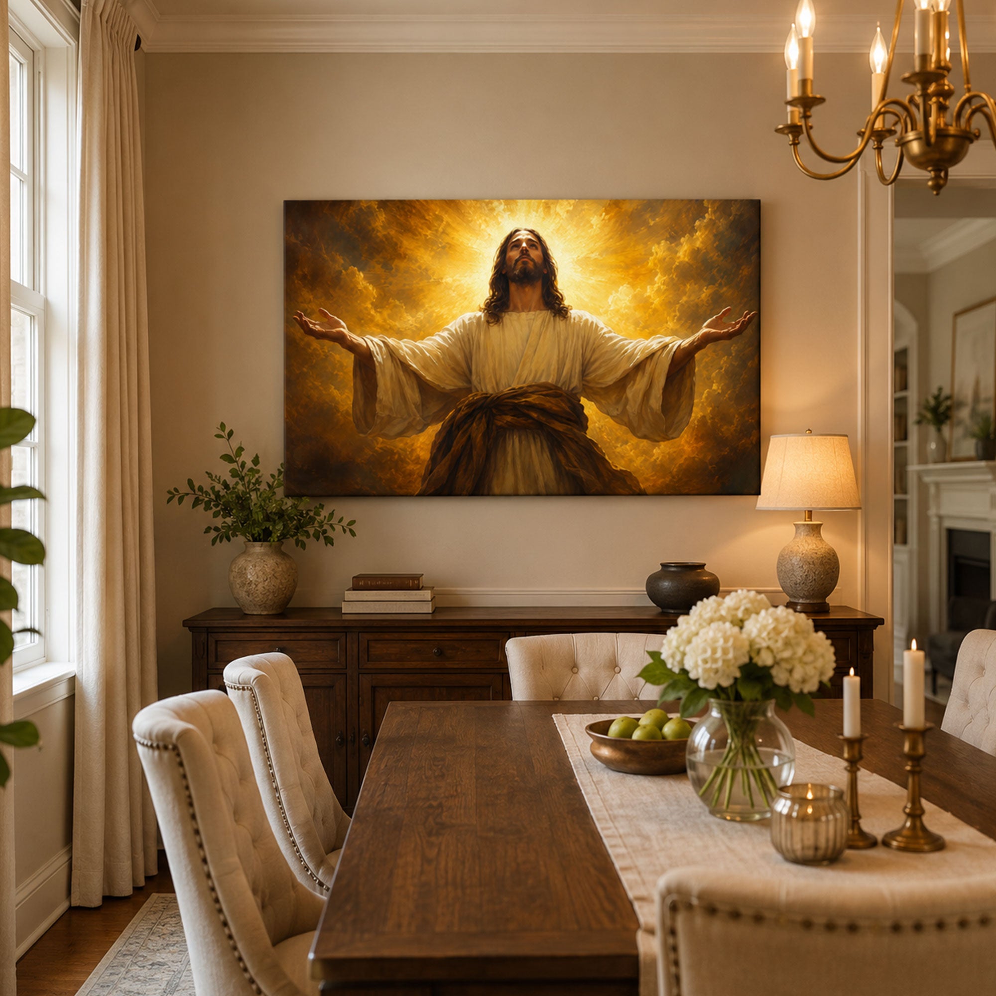 Jesus Christ in Glory Canvas Print, Open Arms Christian Wall Art, Golden Light Faith Home Decor Gift