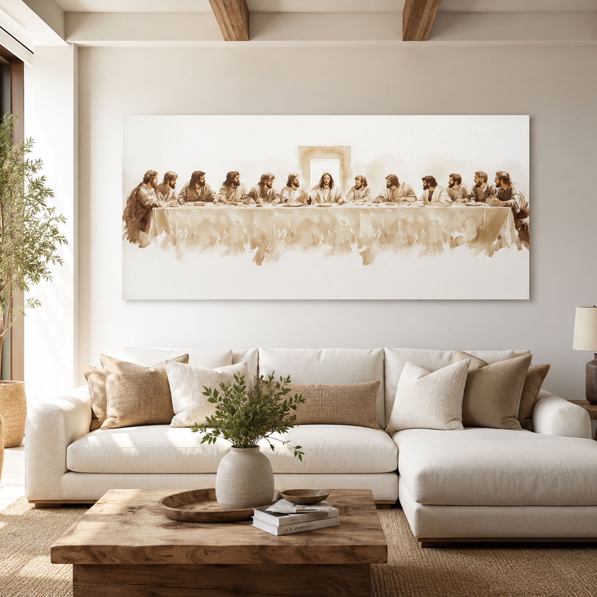 Minimalist Last Supper Canvas Print Jesus and Apostles Christian Wall Art Neutral Faith Home Decor