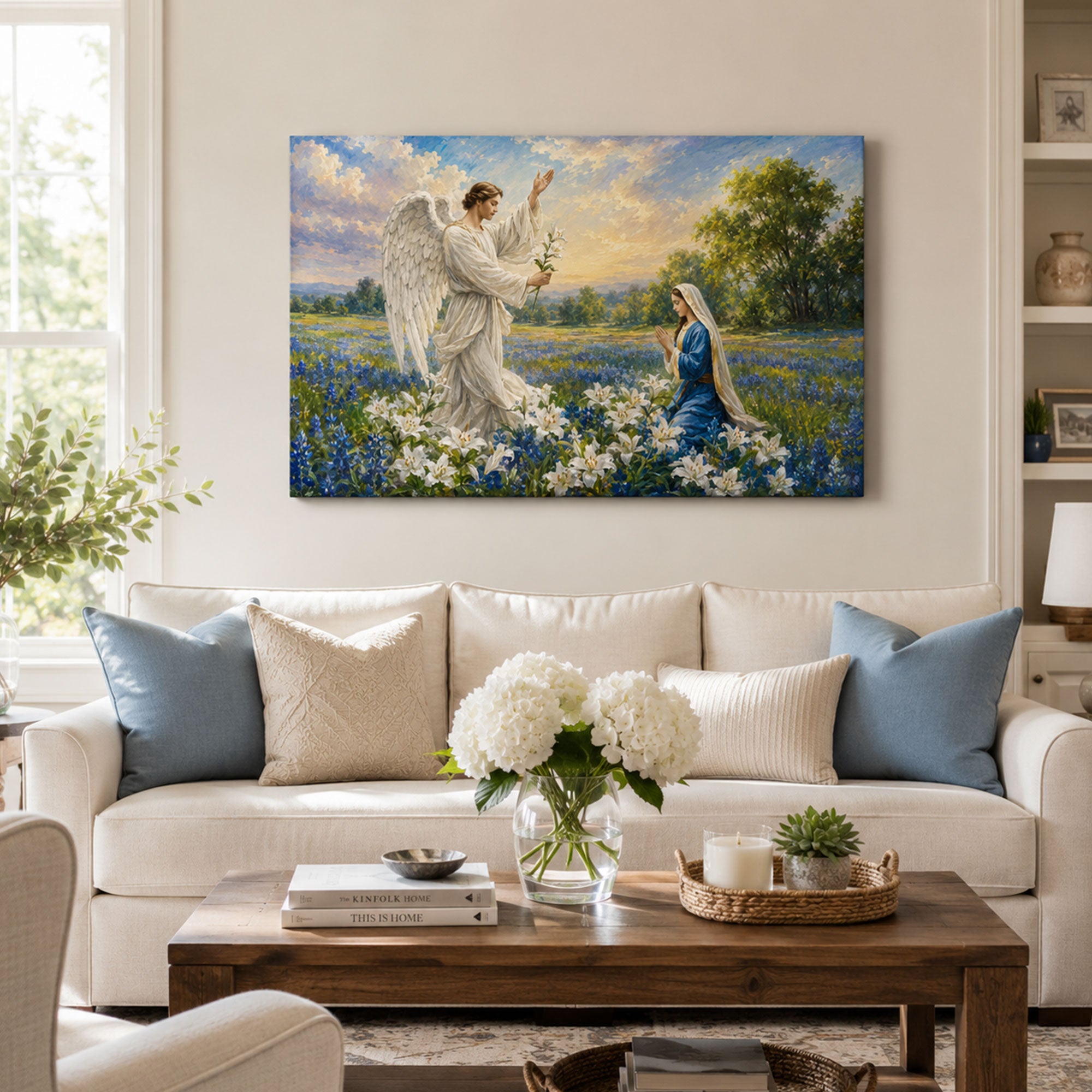 Annunciation of Mary Canvas Print, Archangel Gabriel and Virgin Mary Catholic Wall Art, Lily Field Faith Home Decor Gift