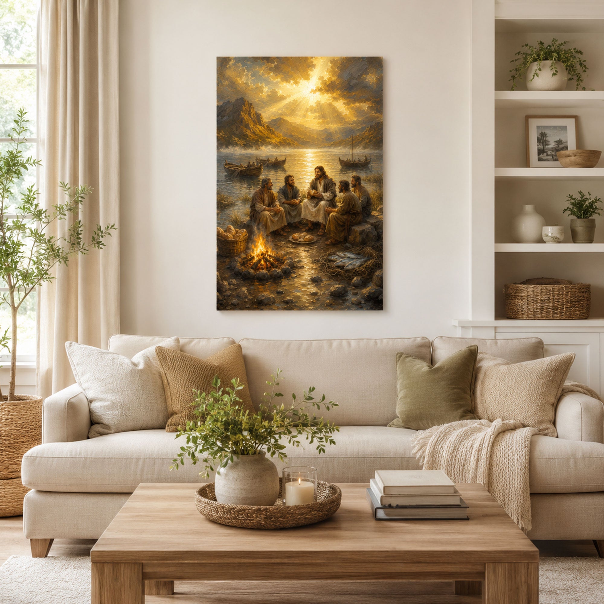 Jesus and Disciples by the Sea of Galilee Canvas Print, John 21 Christian Wall Decor, Faith Gift