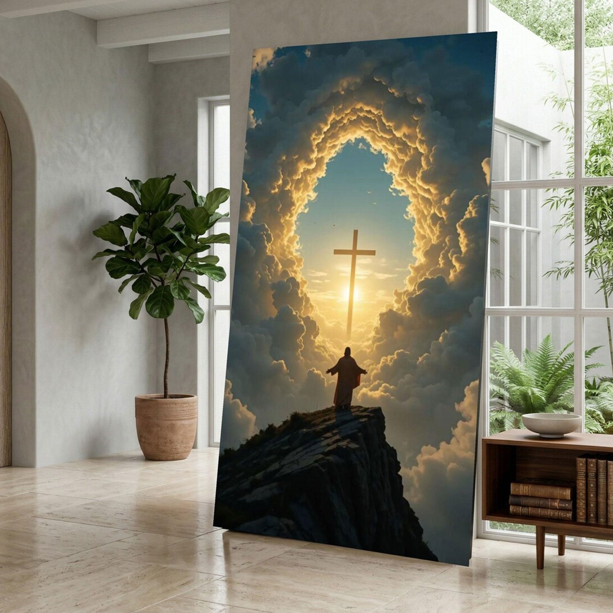 Spiritual Sunrise Cross Canvas Print, Christian Wall Art, Religious Landscape Decor, Faith Home Gift