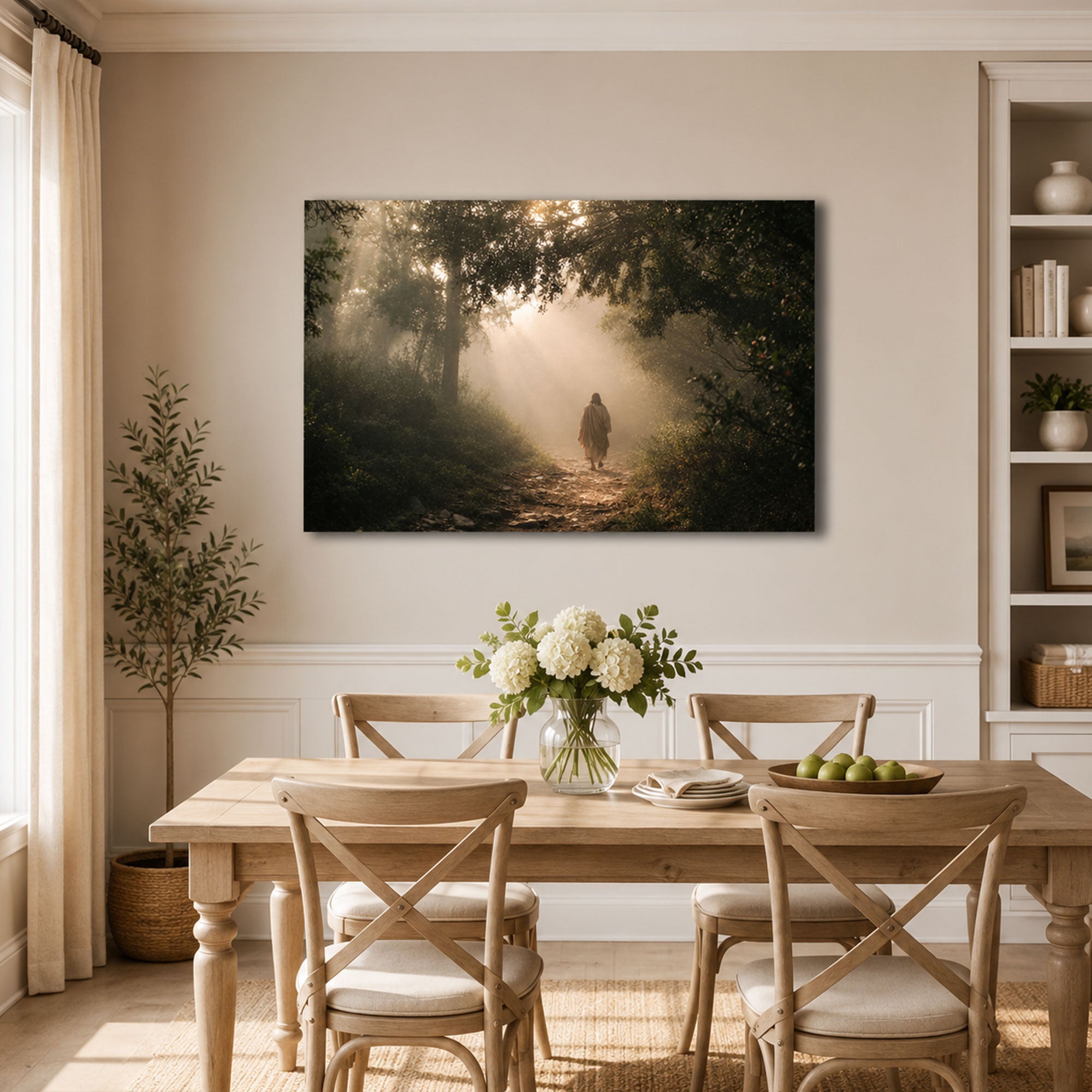 Jesus Walking Through the Forest Canvas Print, Light Filled Christian Faith Decor