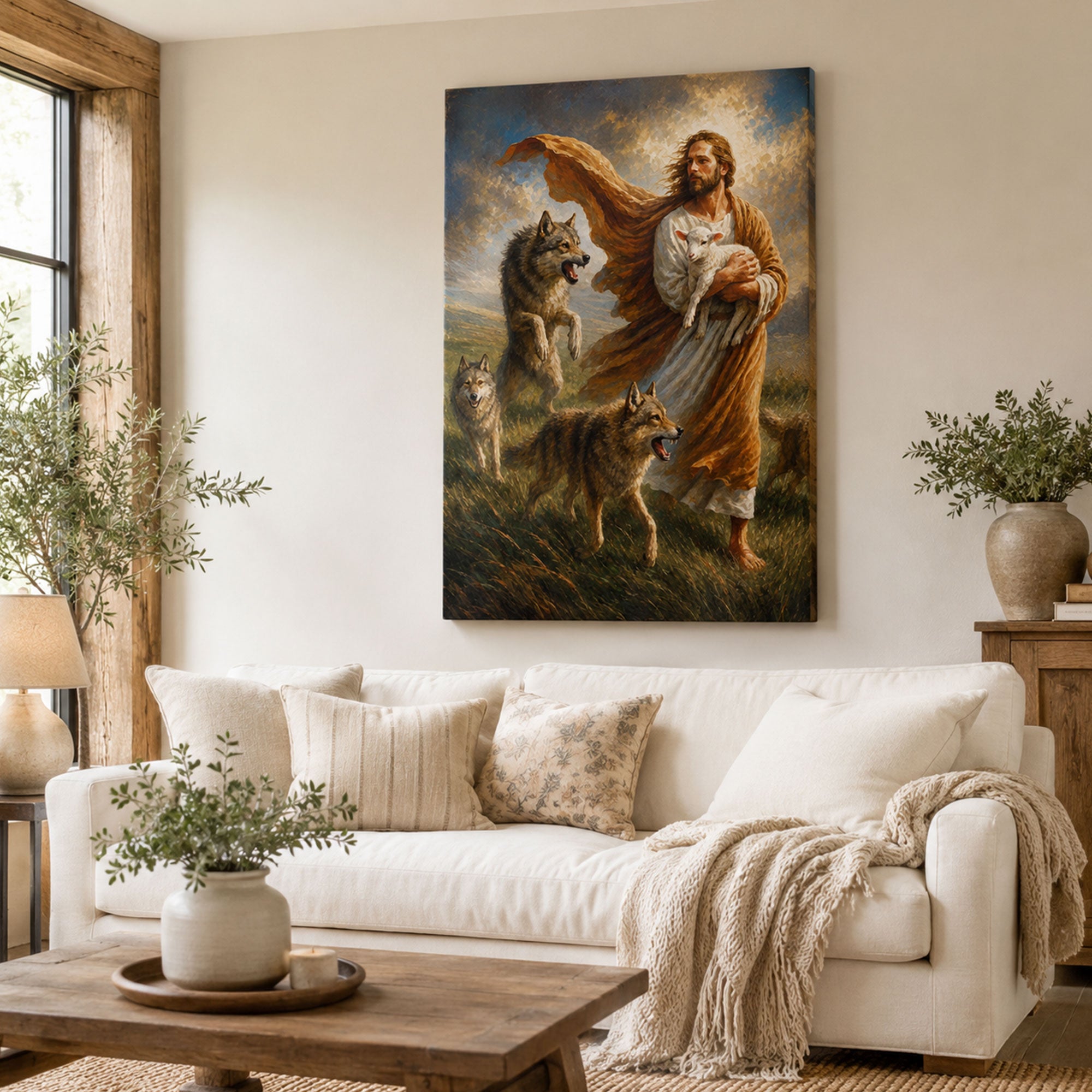 Jesus Protecting the Lamb Canvas Print, Good Shepherd Christian Wall Art, Faith Home Decor Gift
