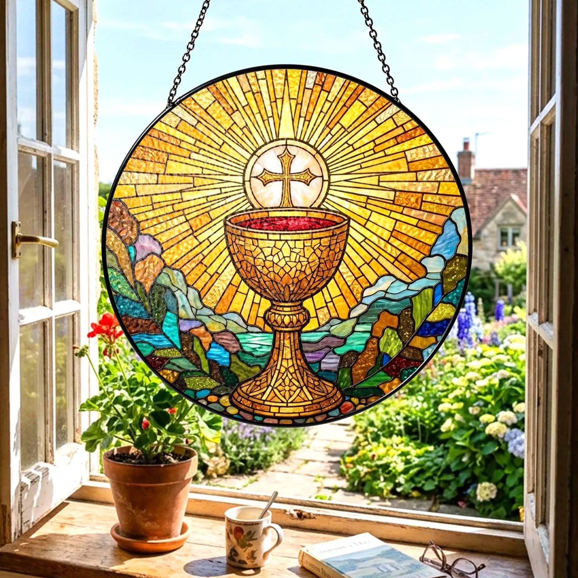 Holy Eucharist Chalice Stained Glass Suncatcher, A Symbol of Faith and Blessing, Catholic First Communion Gift