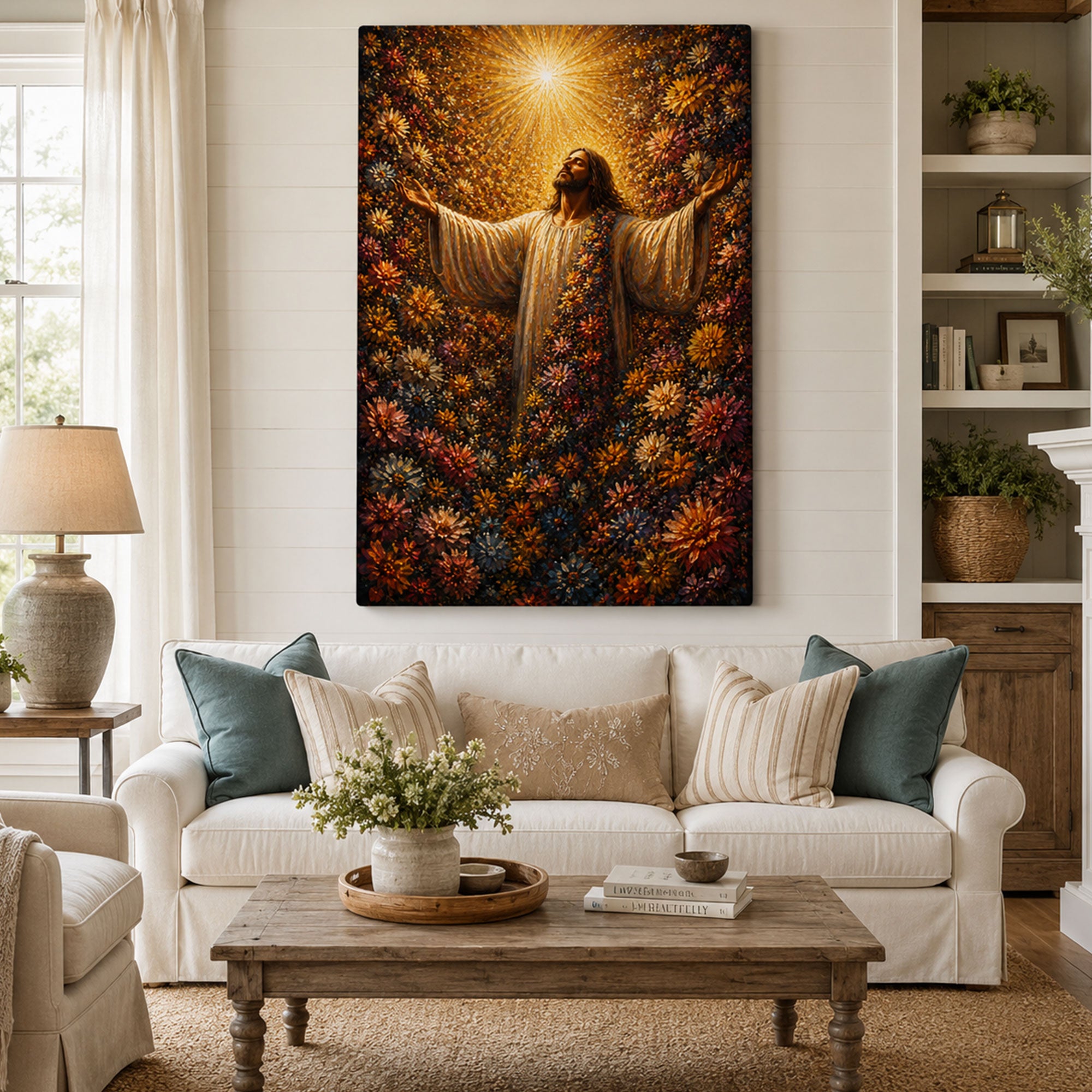 Radiant Light Blessing Canvas Print, Jesus with Open Arms, Spiritual Flower Garden Wall Art