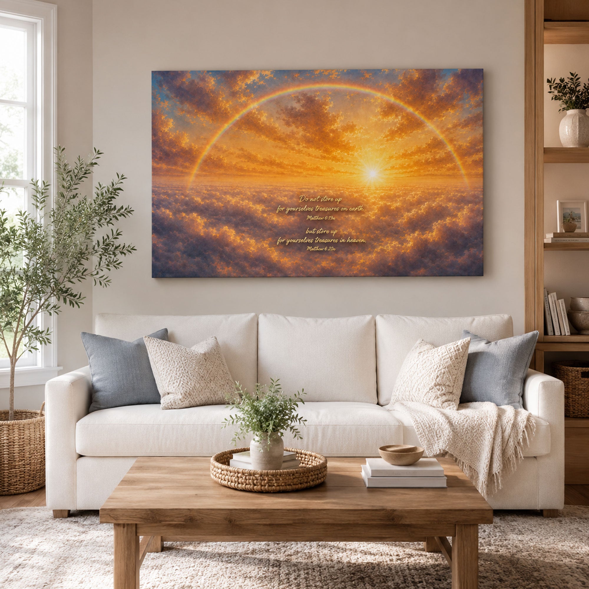 Heavenly Treasure Rainbow Canvas Print, Matthew 6:19–20 Bible Verse, Christian Wall Decor