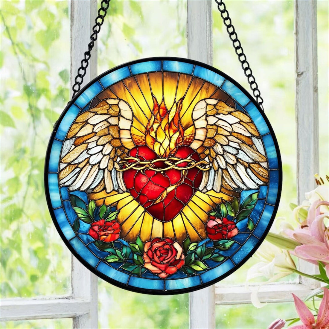 Sacred Heart of Jesus Stained Glass Suncatcher, Catholic Window Hanging Decor, Christian Religious Faith Gift